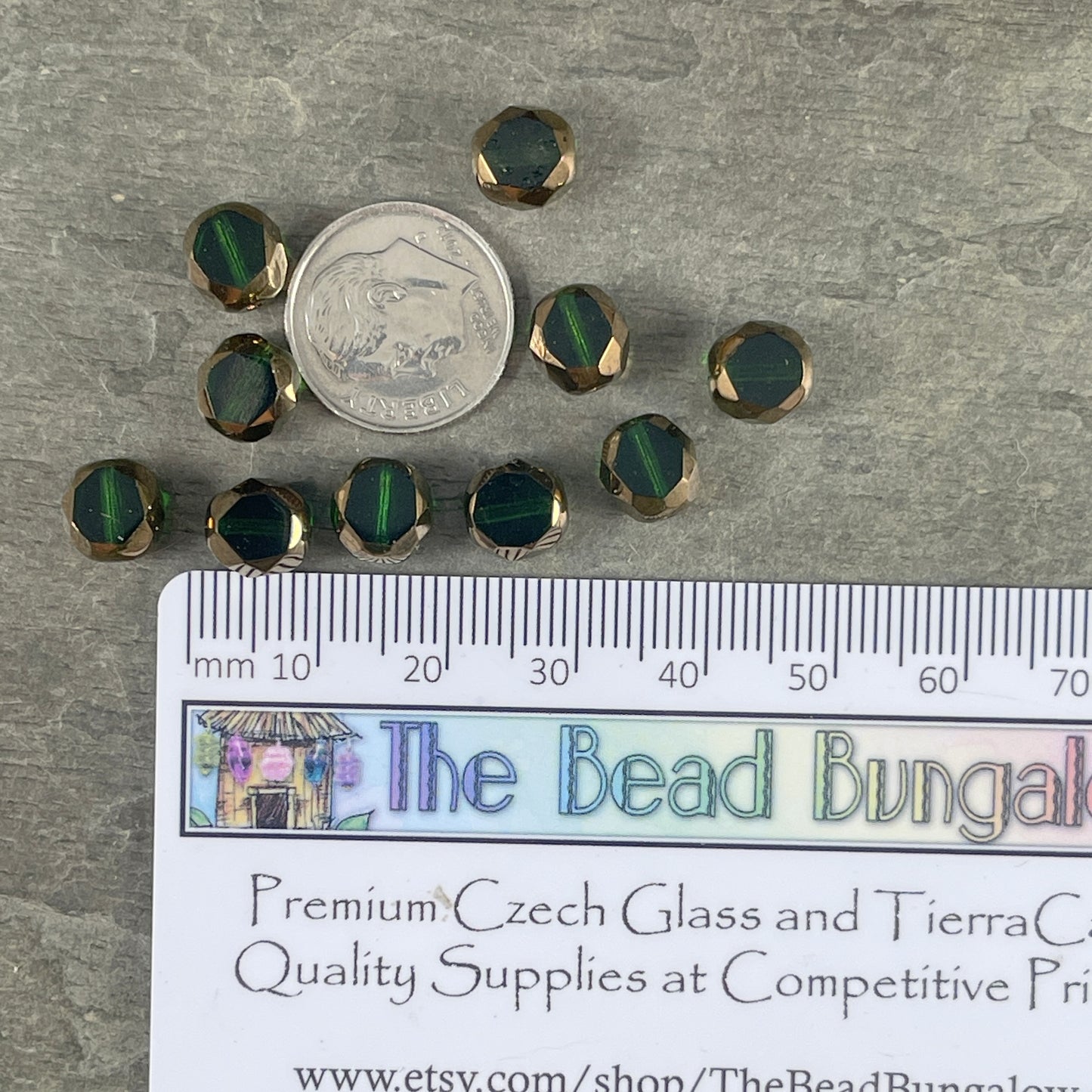Emerald Green and Bronze 8mm Table Cut Bead, Unique Czech Faceted Oval Bead, Green Czech Glass Beads (FAS/N-1242) * Qty. 15
