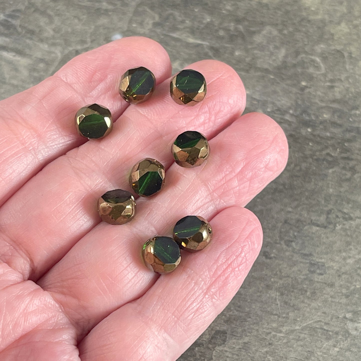 Emerald Green and Bronze 8mm Table Cut Bead, Unique Czech Faceted Oval Bead, Green Czech Glass Beads (FAS/N-1242) * Qty. 15