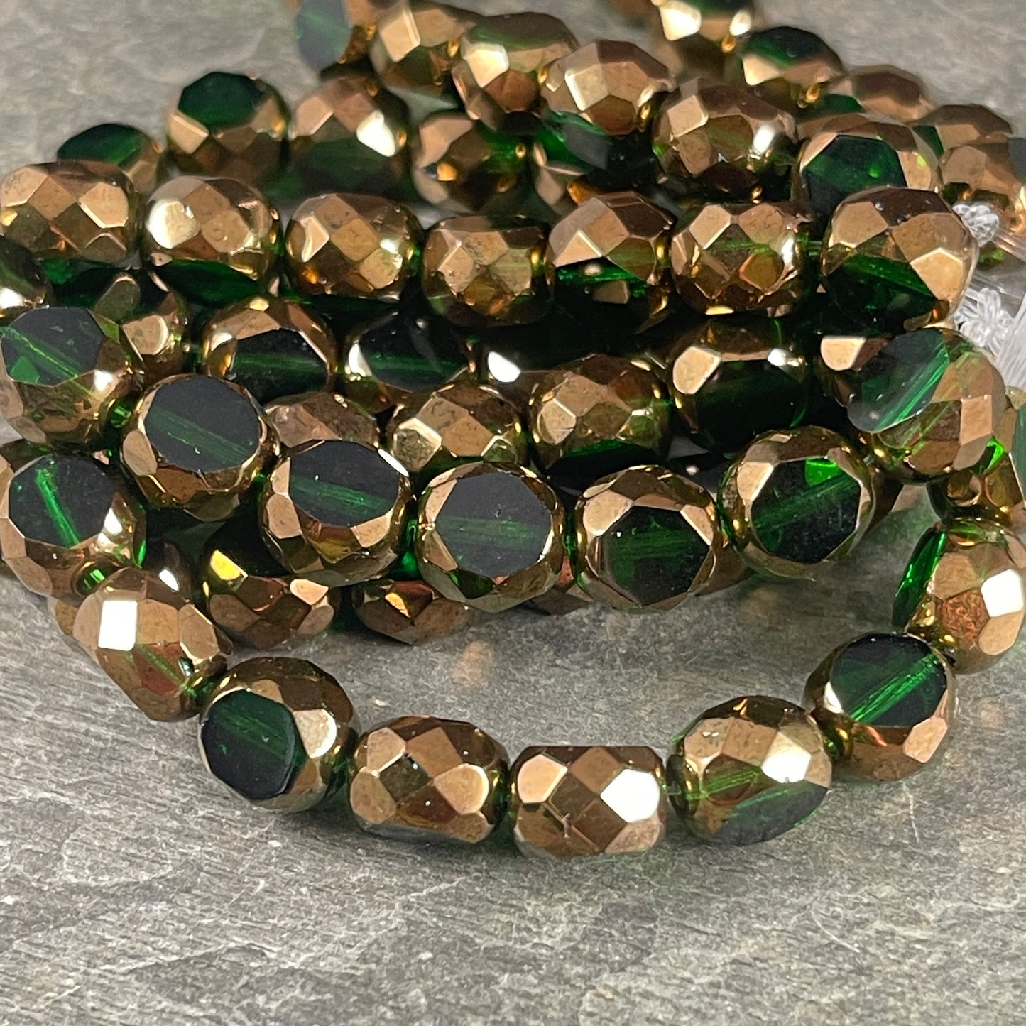 Emerald Green and Bronze 8mm Table Cut Bead, Unique Czech Faceted Oval Bead, Green Czech Glass Beads (FAS/N-1242) * Qty. 15