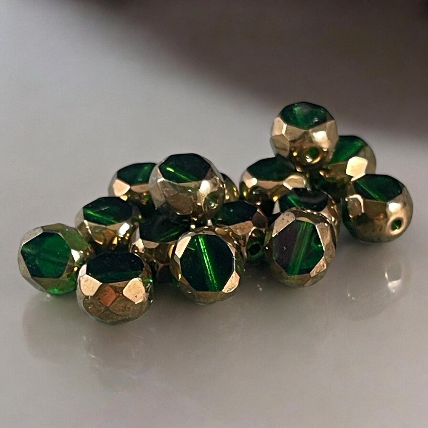 Emerald Green and Bronze 8mm Table Cut Bead, Unique Czech Faceted Oval Bead, Green Czech Glass Beads (FAS/N-1242) * Qty. 15