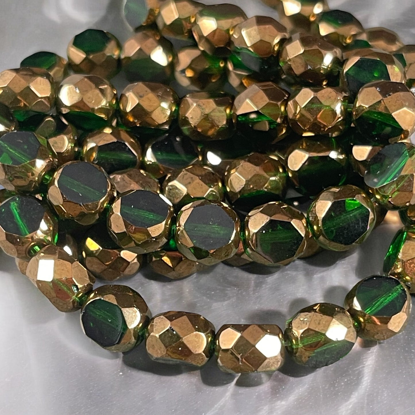 Emerald Green and Bronze 8mm Table Cut Bead, Unique Czech Faceted Oval Bead, Green Czech Glass Beads (FAS/N-1242) * Qty. 15