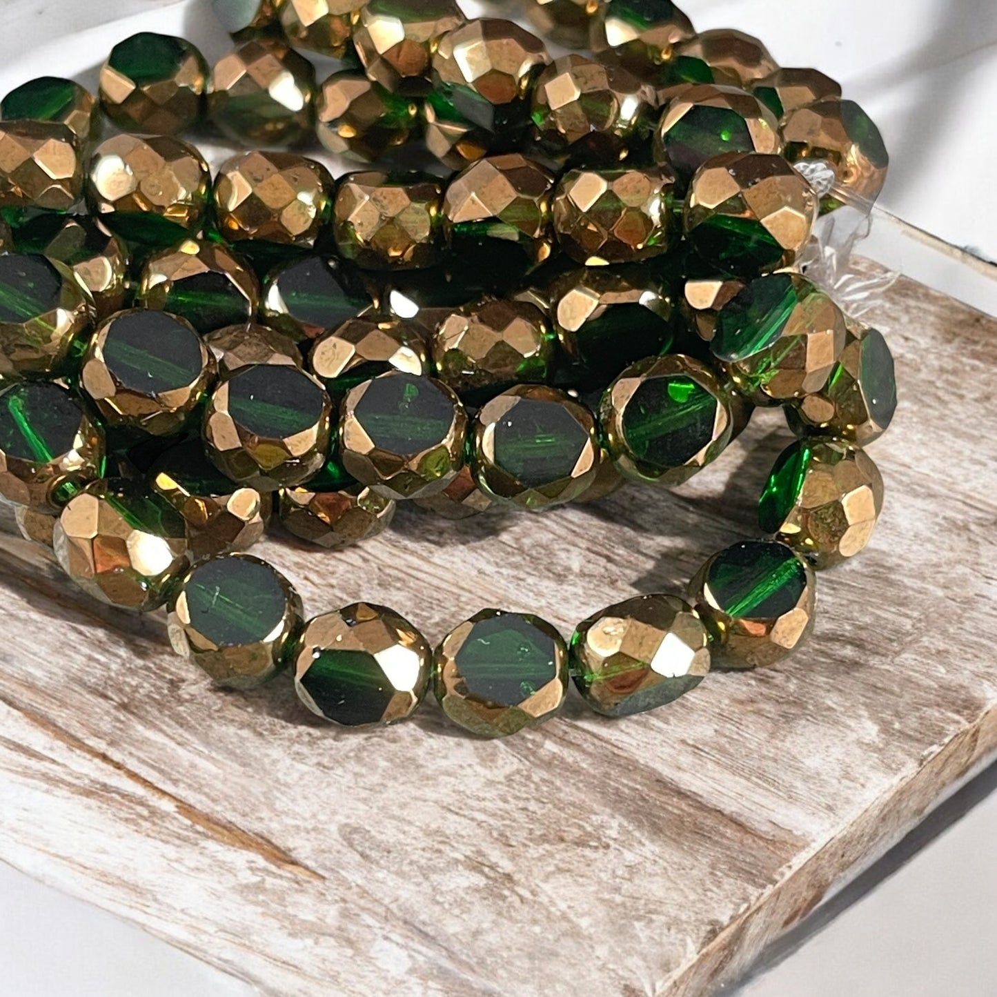 Emerald Green and Bronze 8mm Table Cut Bead, Unique Czech Faceted Oval Bead, Green Czech Glass Beads (FAS/N-1242) * Qty. 15