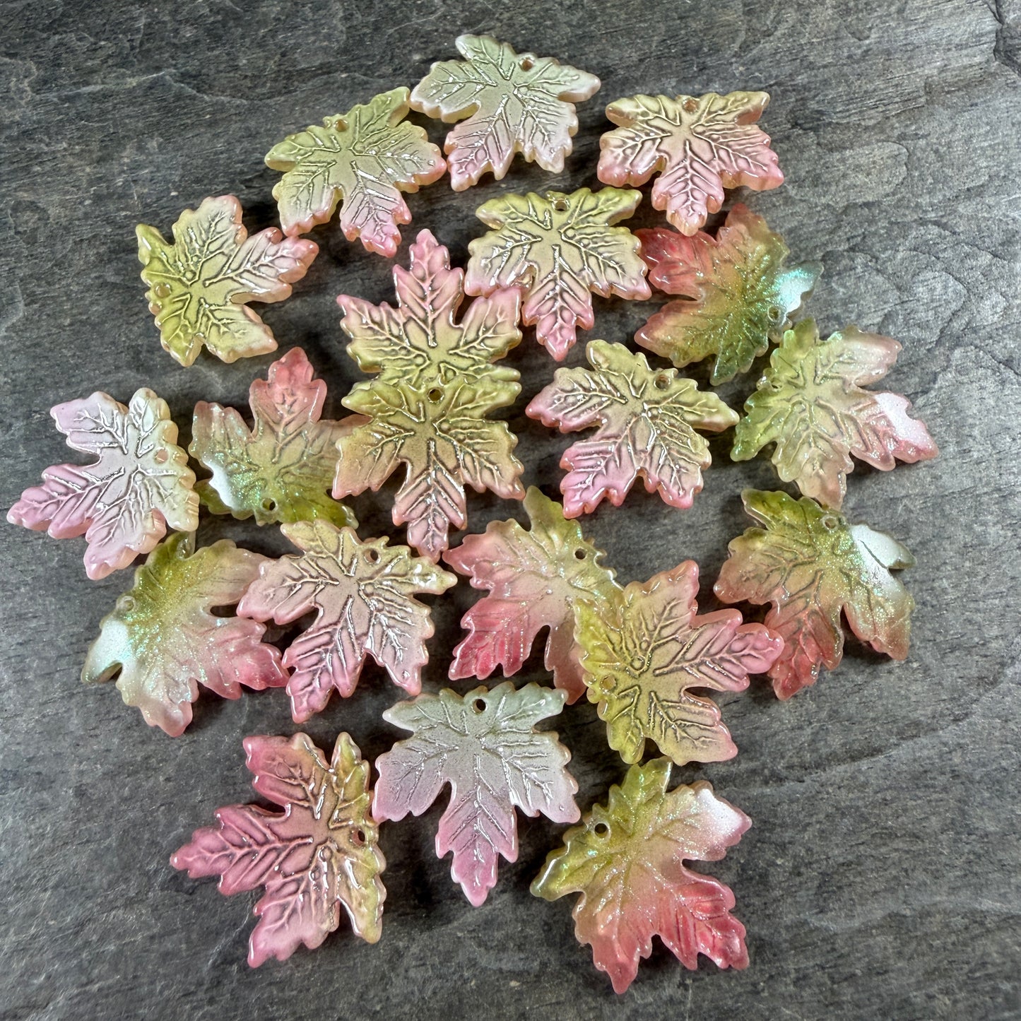 Pink and Green Glass Leaf Beads - 19.5mm Top Drilled Maple Leaf Shape (ML19-817) * 10 Beads (Copy)