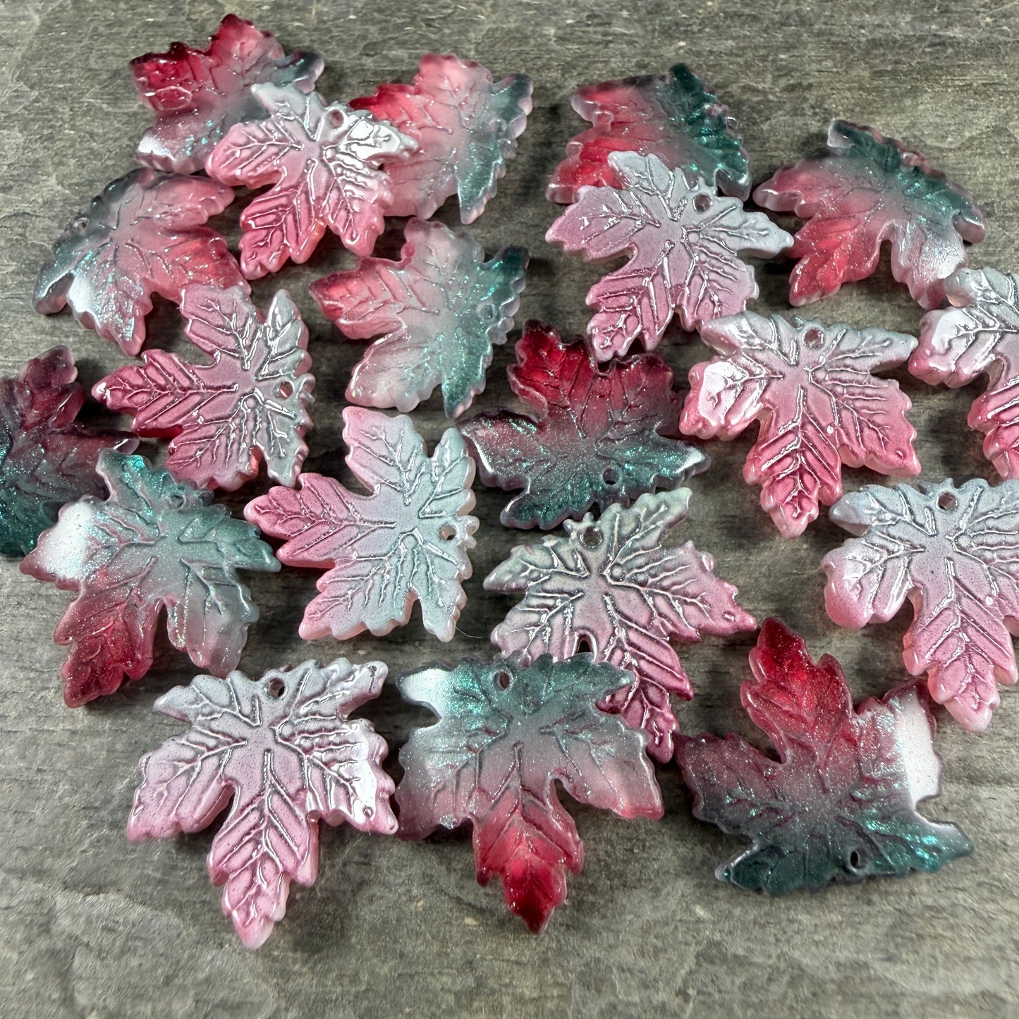 Teal and Fuchsia Glass Leaf Beads - 19.5mm Top Drilled Maple Leaf Shape (ML19-819) * 10 Beads