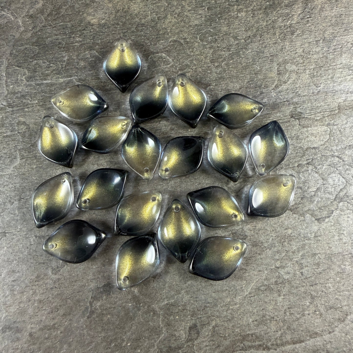Black and Gold Glass Petal or Leaf Bead, 19x13mm Concave Oval (COL-102) * 10 Beads