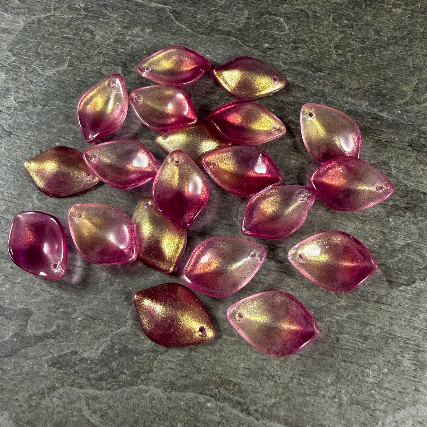 Fuchsia and Gold Glass Petal or Leaf Bead, 19x13mm Concave Oval (COL-101) * 10 Beads