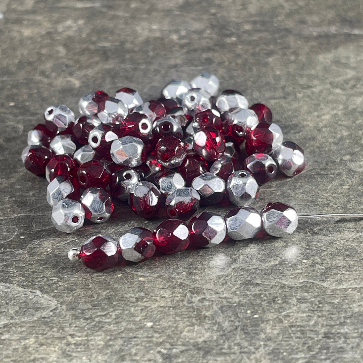 Transparent Ruby Red and Silver Half Tone Czech Beads, 6mm Czech Glass Fire Polished Round Beads (FP6/9010-27001) * Qty 50ds - Ruby Red and Silver (FP6/9010-27001) * Qty. 50