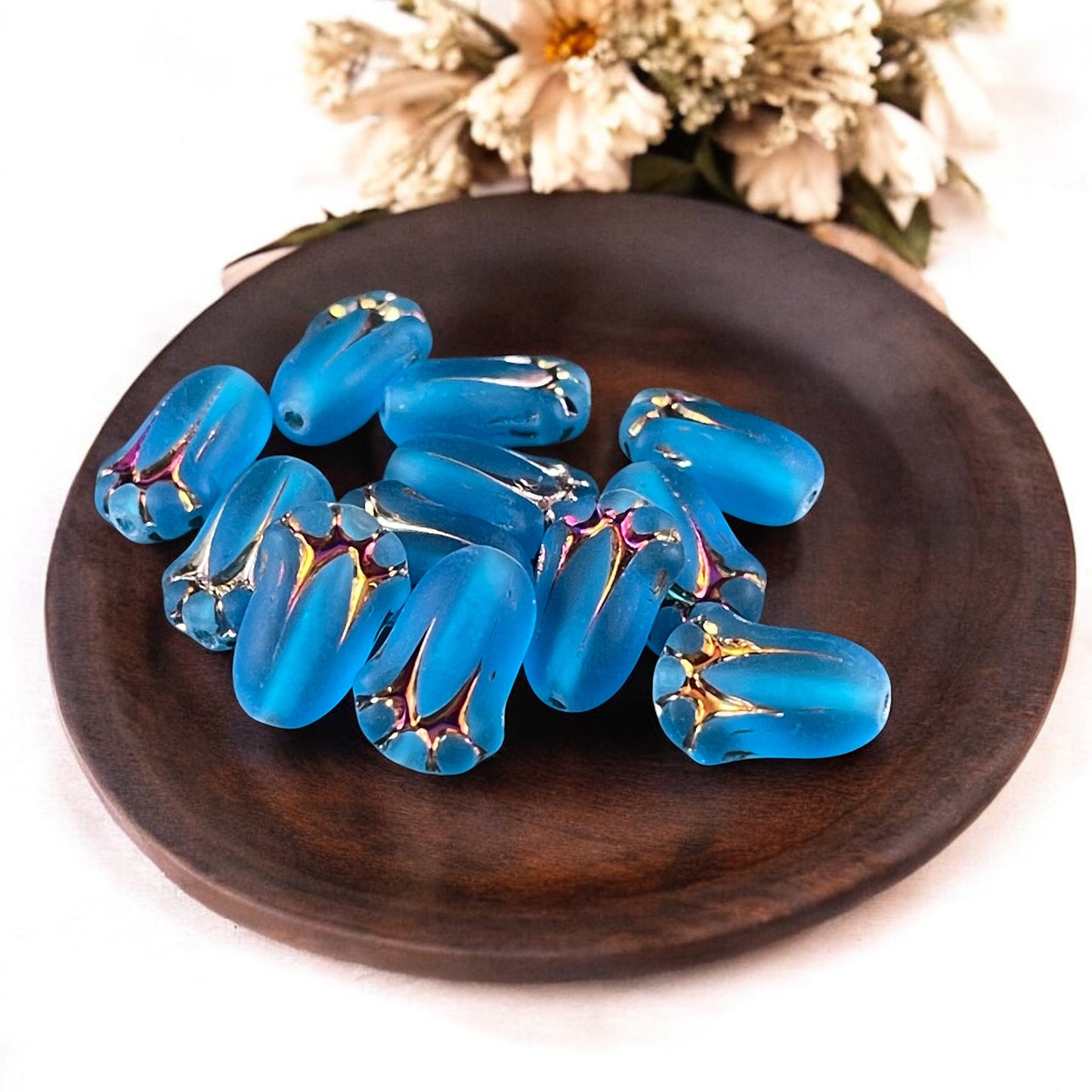 Matte Capri Blue Flower Czech Glass Beads 12x8mm Lily Bud Flower Blue with Sliperit Finish (LBud29) Colorful Czech Flower Beads - Qty. 12