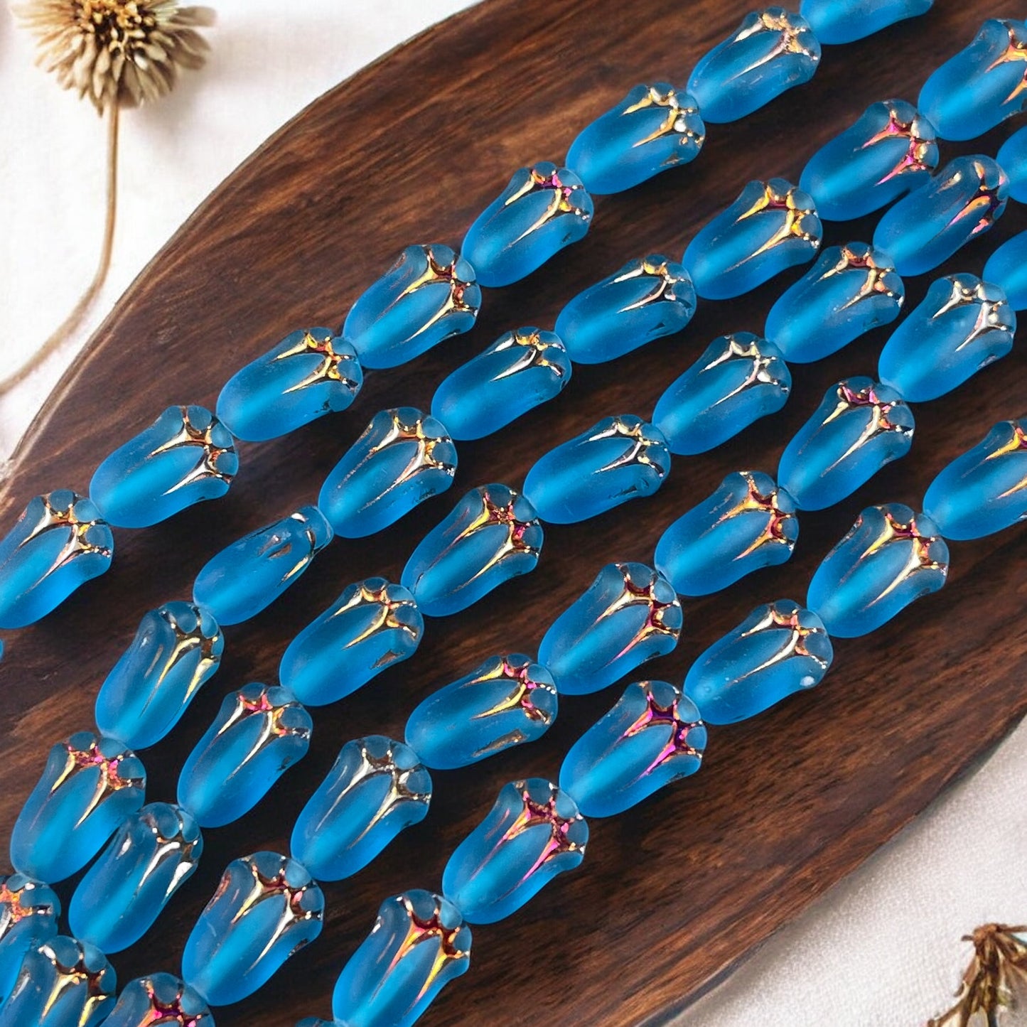 Matte Capri Blue Flower Czech Glass Beads 12x8mm Lily Bud Flower Blue with Sliperit Finish (LBud29) Colorful Czech Flower Beads - Qty. 12