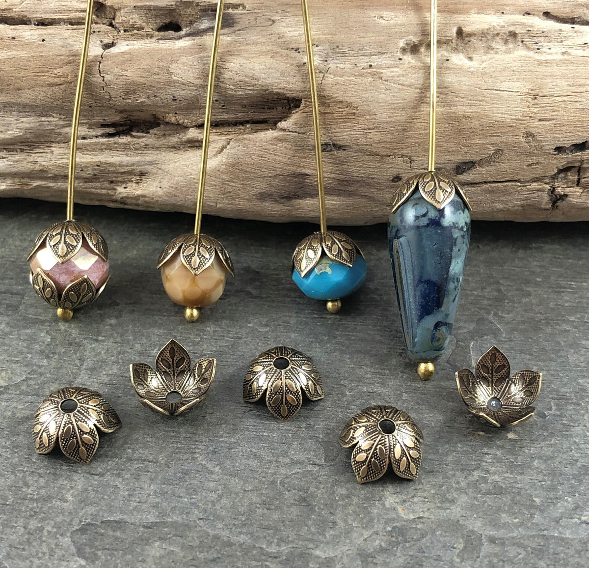 Oxidized Brass 8mm Petal Bead Caps, Brass Leaf Embossed Floral Bead Caps (BC-7903)