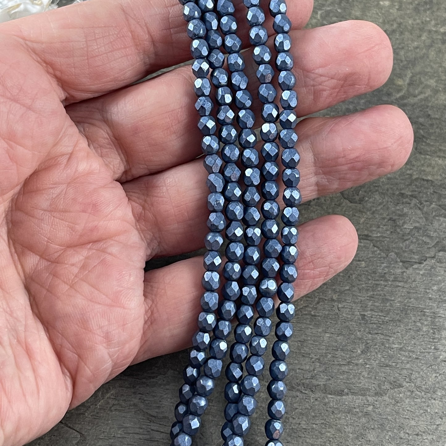 Blue Czech Glass Beads - 4mm Faceted Round Beads, ColorTrends Saturated Metallic Bluestone (FP4/SM-07B02) * Qty. 50