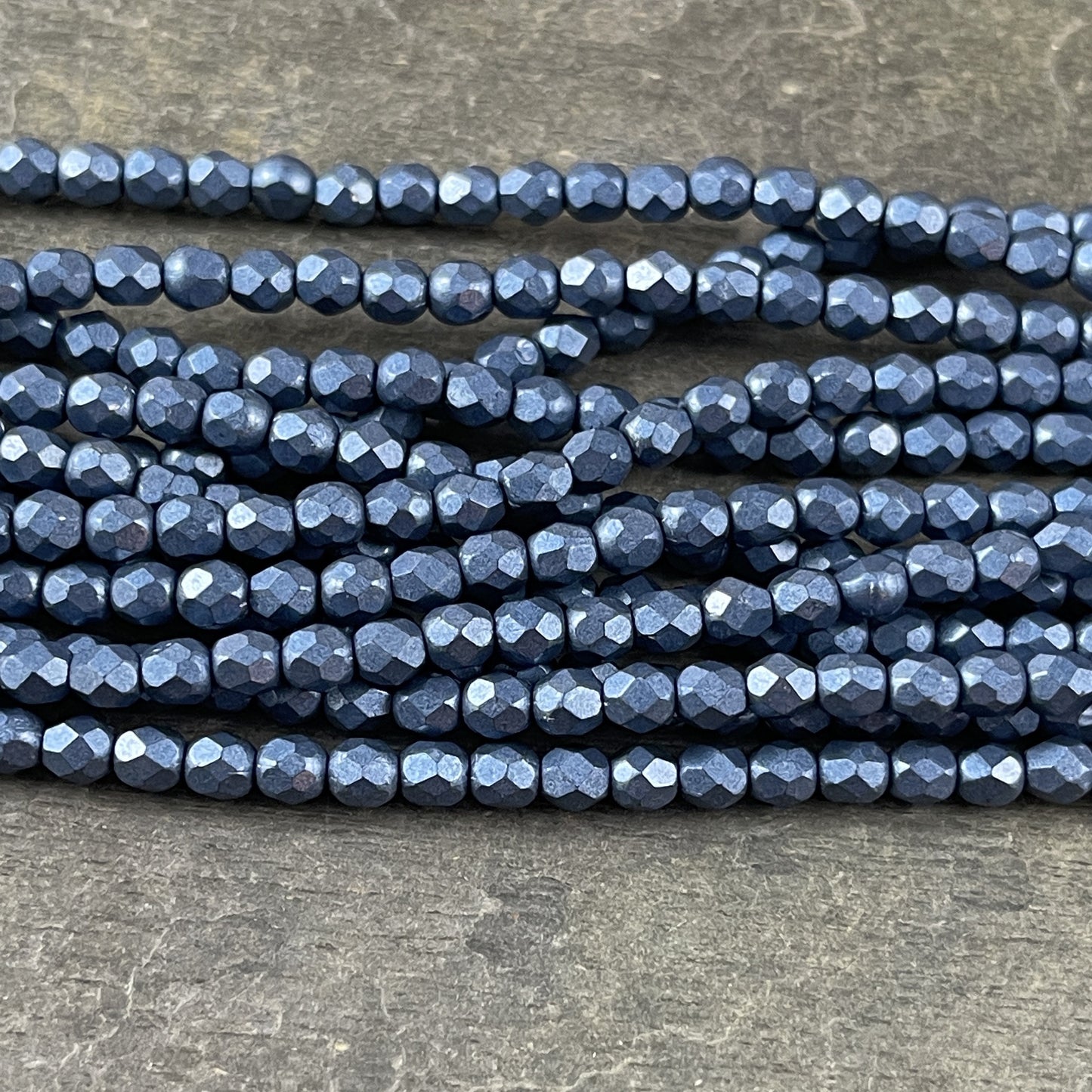 Blue Czech Glass Beads - 4mm Faceted Round Beads, ColorTrends Saturated Metallic Bluestone (FP4/SM-07B02) * Qty. 50