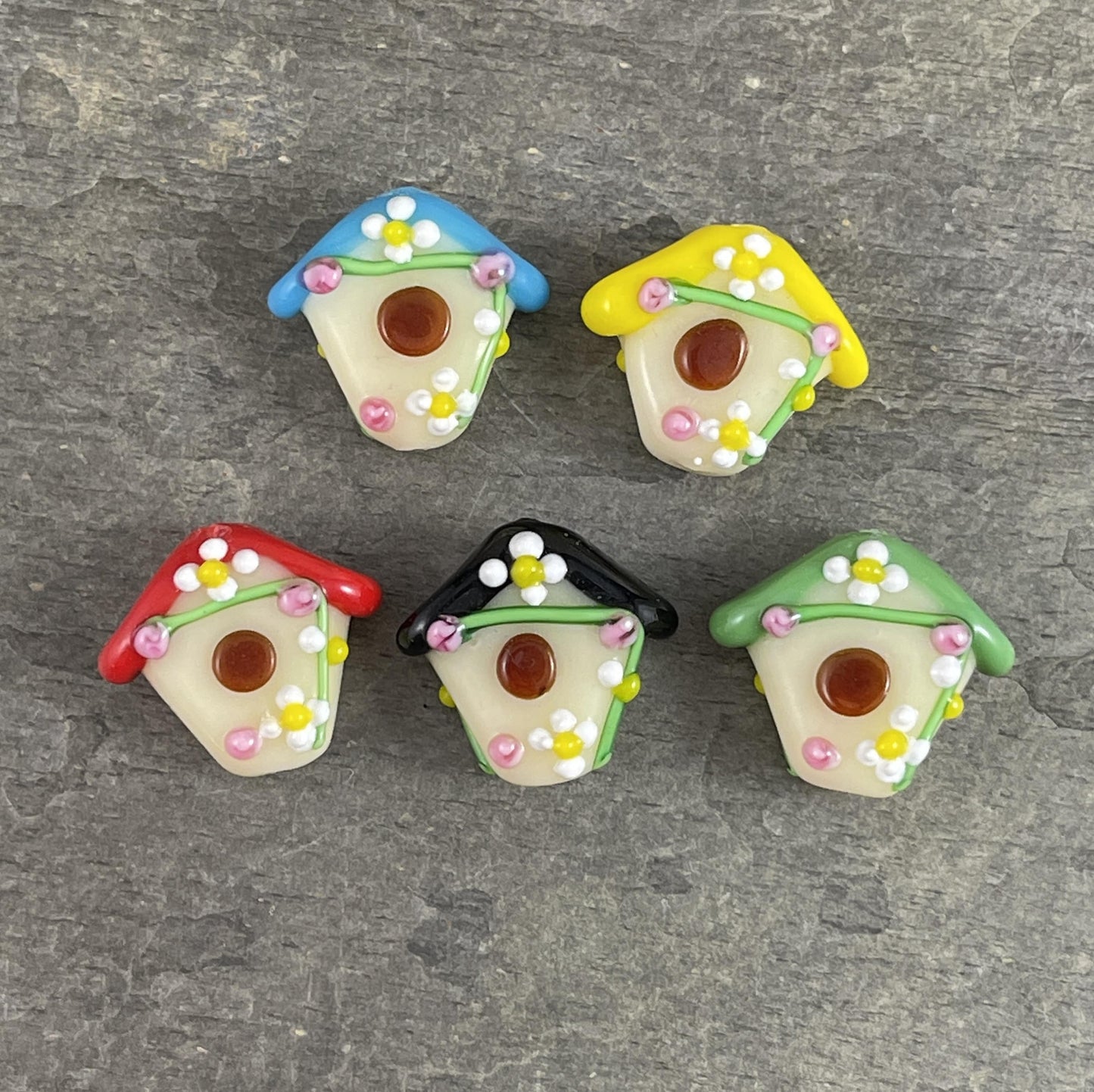 Birdhouse Beads, Unique Lampwork Beads, Birdhouse Shaped Glass Beads, 16mmx19mm Bird house Beads, Select by color - Sold Individually
