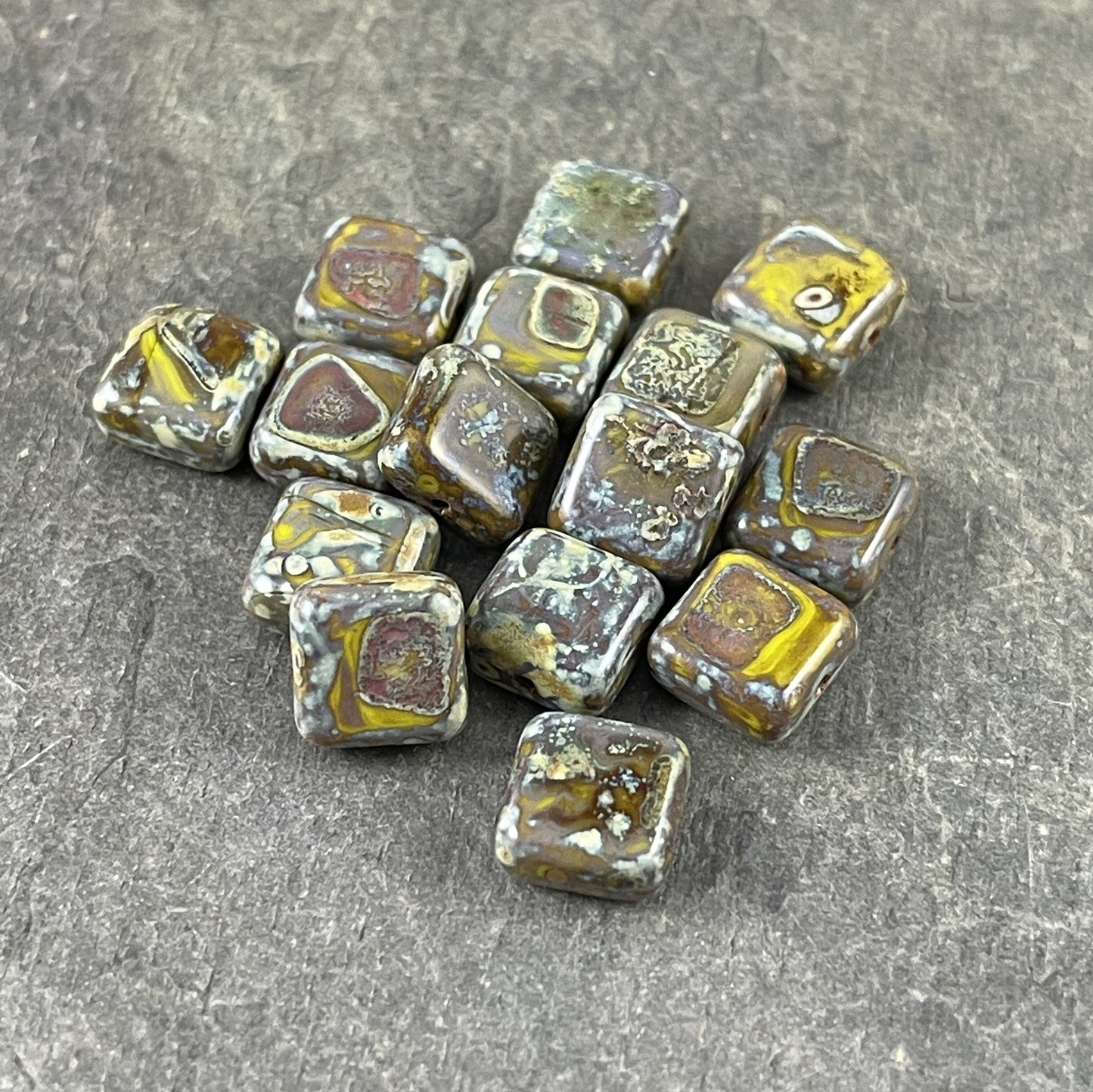 Czech Glass Beads - Olive Green Picasso 9mm Square Glass Beads, Rustic Green and Brown Picasso Beads (RJ-0712) - Qty. 15