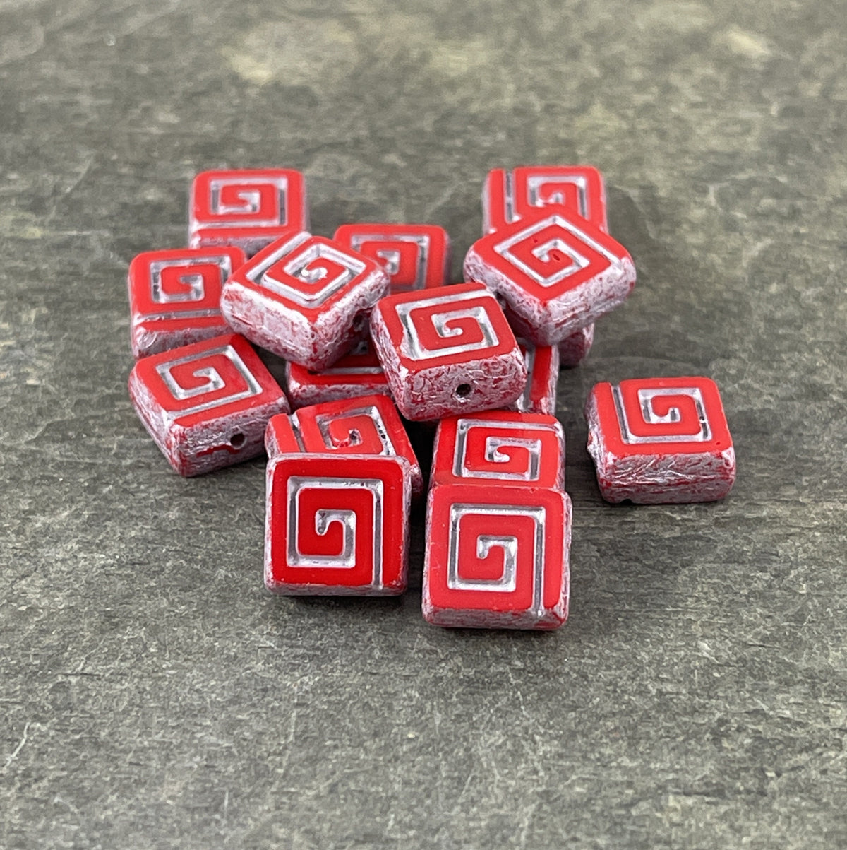 Czech Glass Beads - 9mm Table Cut Bead, Opaque Red and Silver (CSq2) * Qty. 8