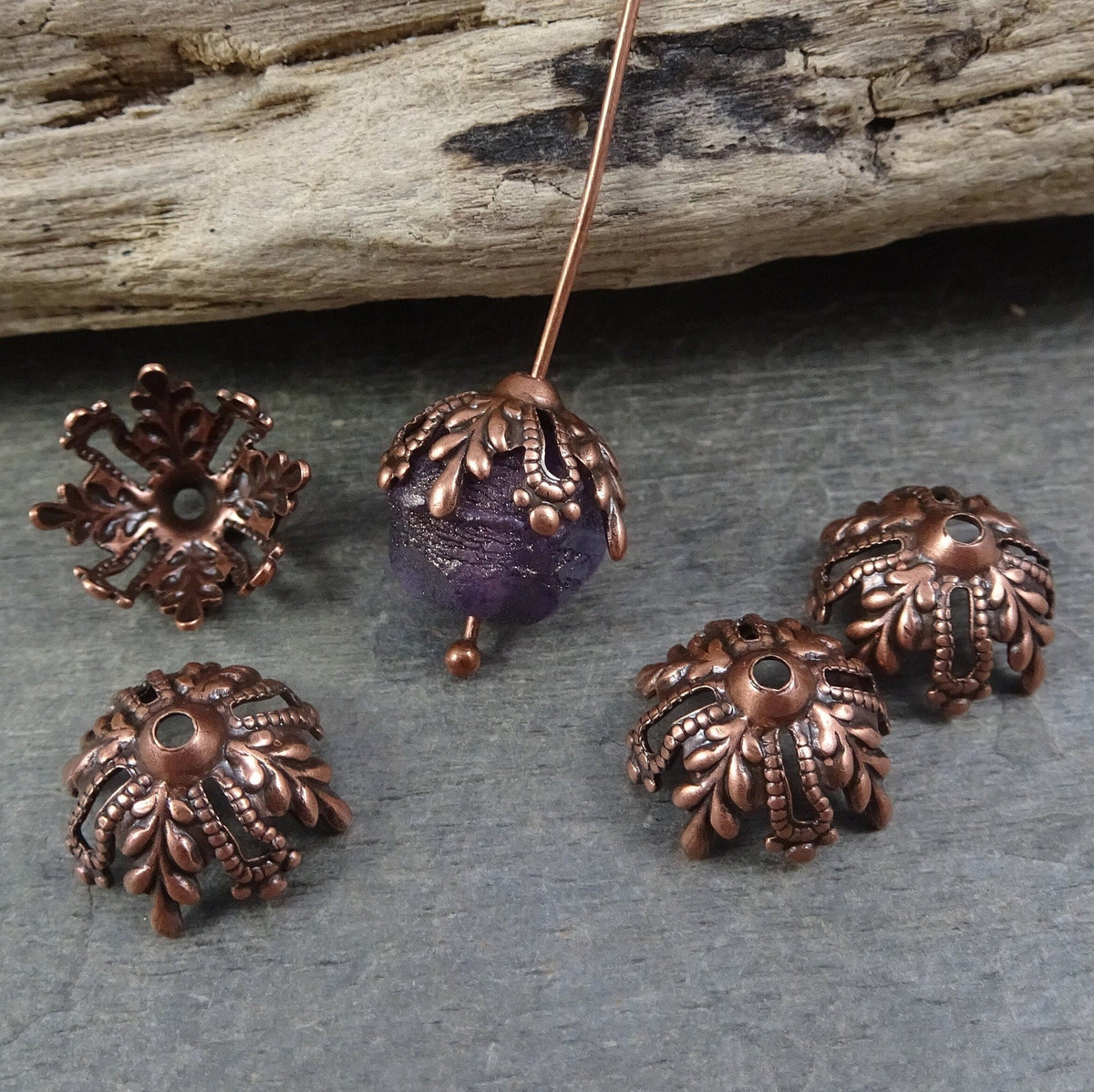 12mm Antiqued Copper Floral Filigree Bead Caps ~ Ornate Victorian Bead Caps (VJS/X150) * Qty. 4