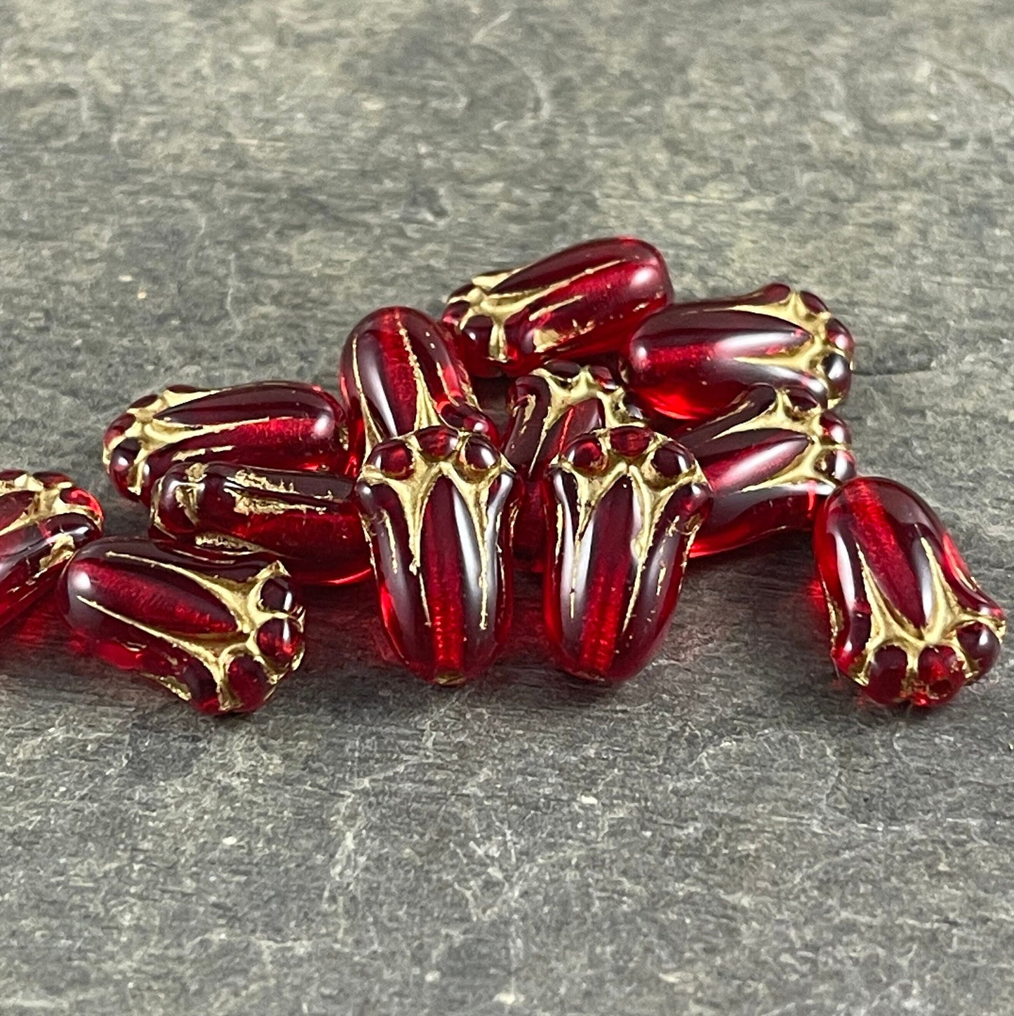 Czech Glass Beads - 12x8mm Lily Bud, Transparent Red with Gold Finish (LBud28) * Qty. 12