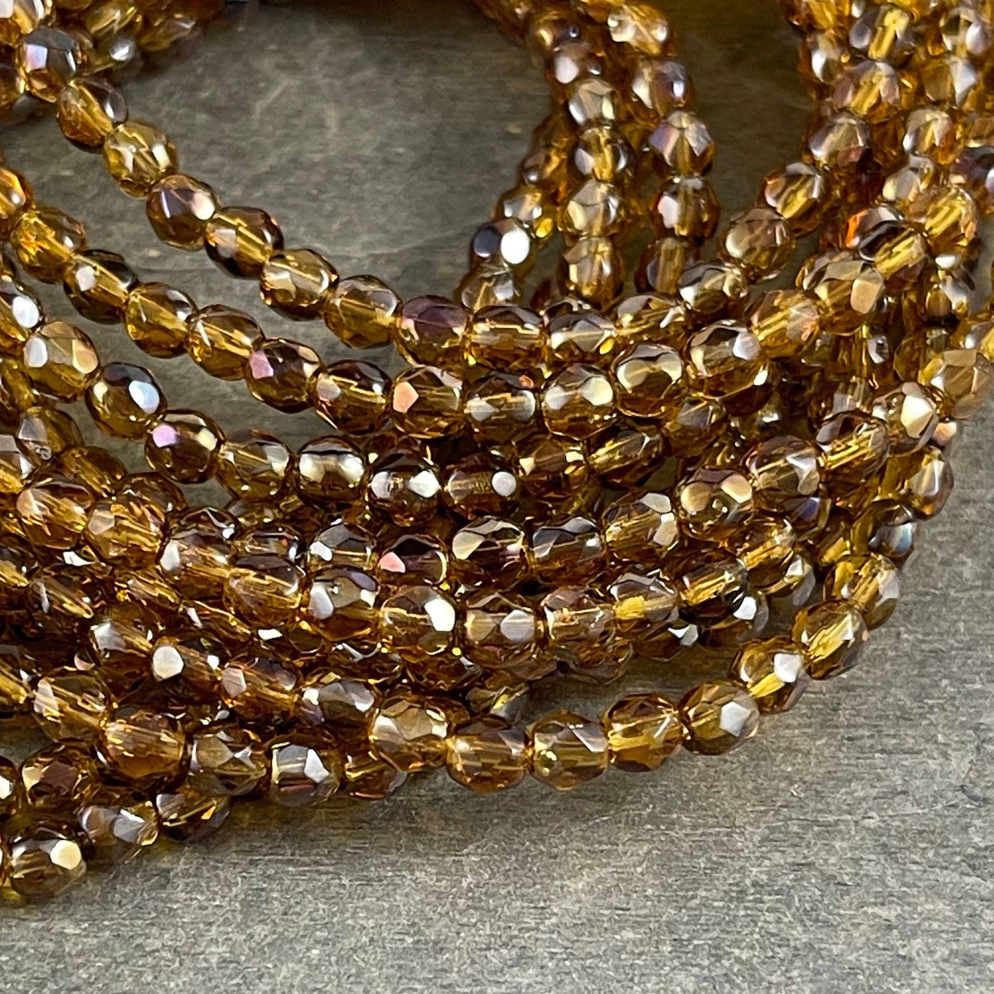 Czech Glass Beads - 4mm Fire Polished, Faceted Round Beads, Honey Golden, Topaz Luster (FP4/N-088) - Qty 50