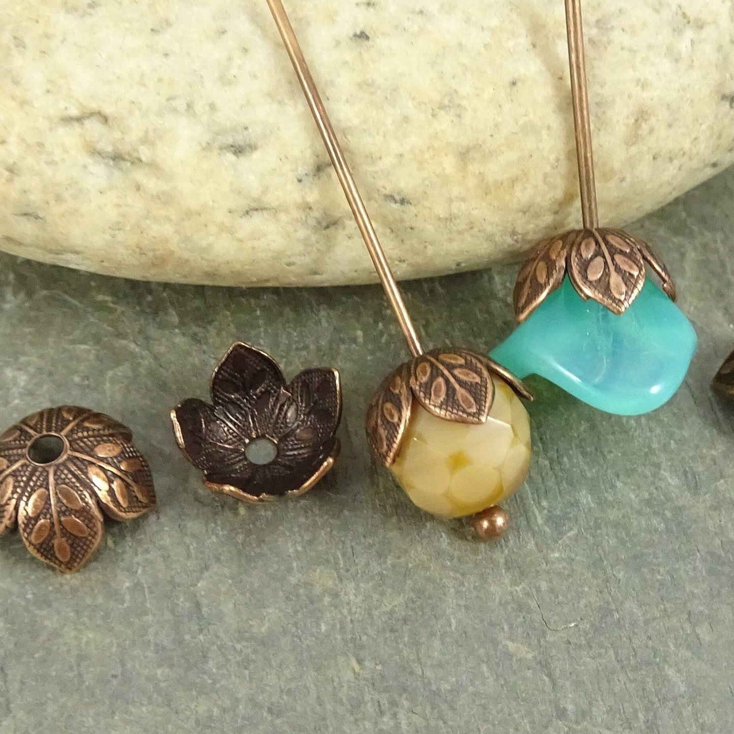 Antiqued Copper 8mm Leaf Embossed Bead Caps, Copper Floral Bead Caps (X308A)