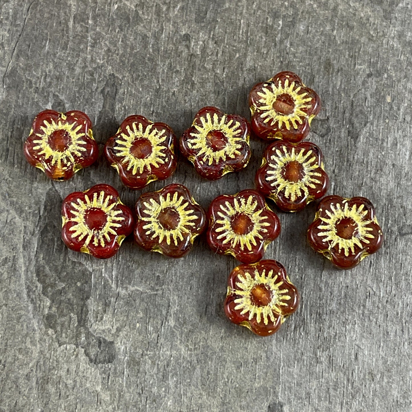 Transparent Reddish Orange Czech Glass Flower Beads 10mm Apple Blossom Flower Bead Czech Glass Beads (AB4) * Qty. 10