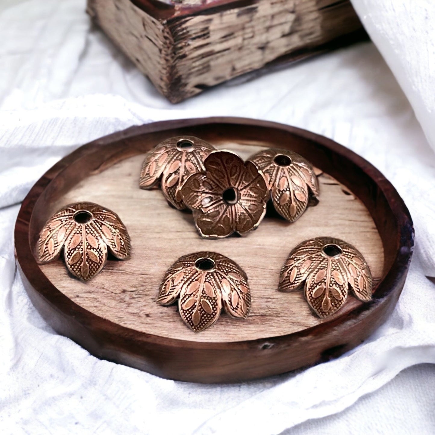 Antiqued Copper 8mm Leaf Embossed Bead Caps, Copper Floral Bead Caps (X308A)