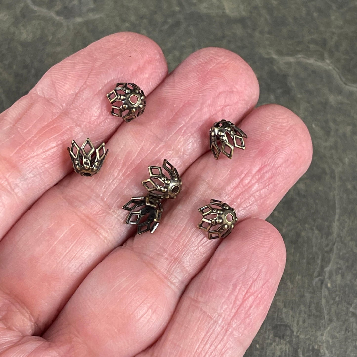 Filigree Basket Shape Bead Caps ~ 7x5mm Antiqued Brass Tapered Bead Caps for Teardrop Beads (BC-1088) *