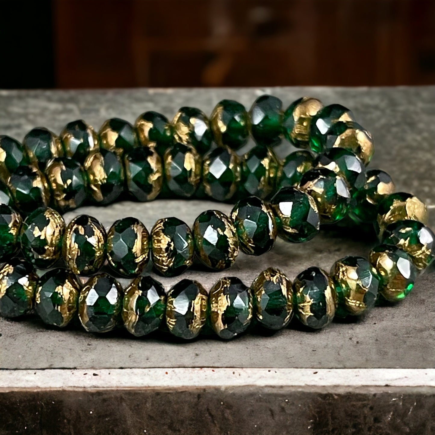 5x3mm Emerald Green Czech Glass Faceted Rondelle Beads, Emerald Green Glass with Bronze Picasso (R5/0416) * Qty. 30