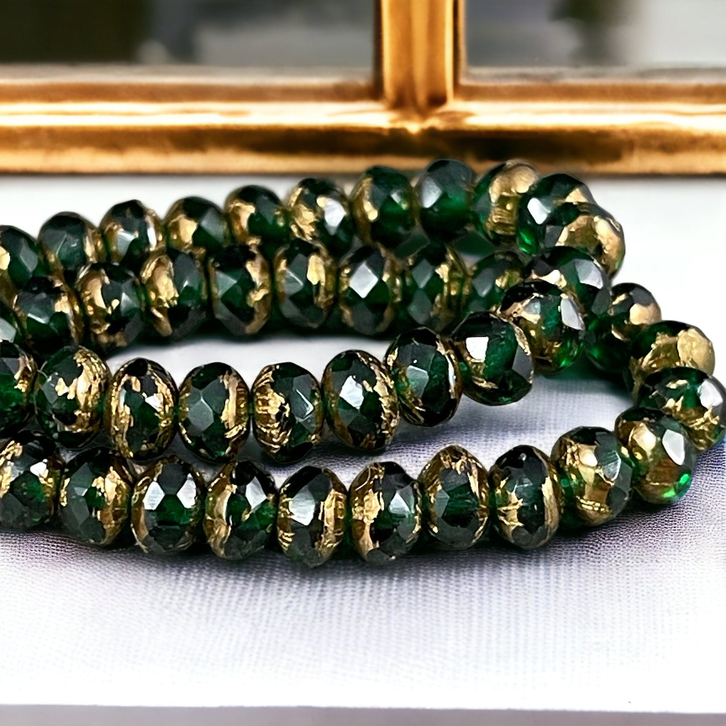 5x3mm Emerald Green Czech Glass Faceted Rondelle Beads, Emerald Green Glass with Bronze Picasso (R5/0416) * Qty. 30