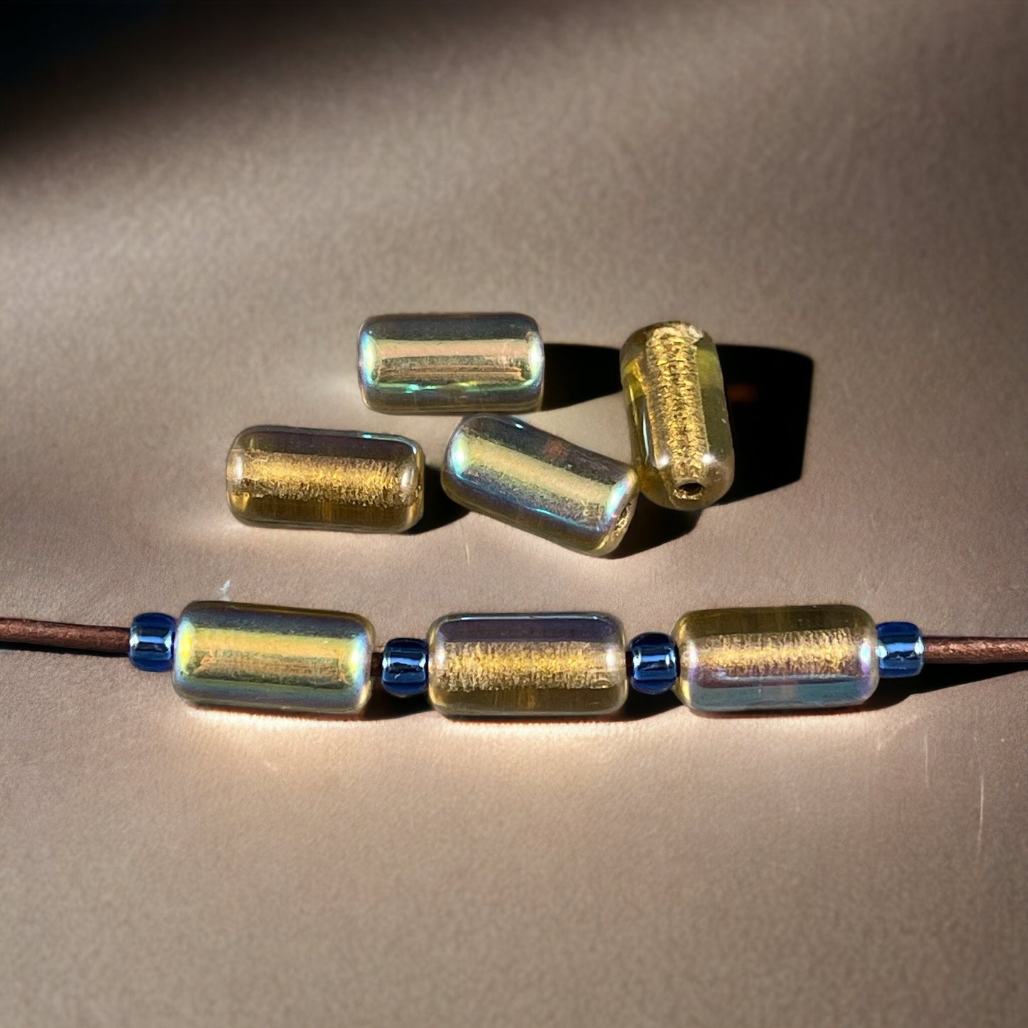 Czech Glass Beads ~ 14x7mm Large Hole Glass Tube Bead ~ Gold Glass with AB Finish and Gold Lining ~ 2mm Hole (TUBE/N-0988) * Qty. 10