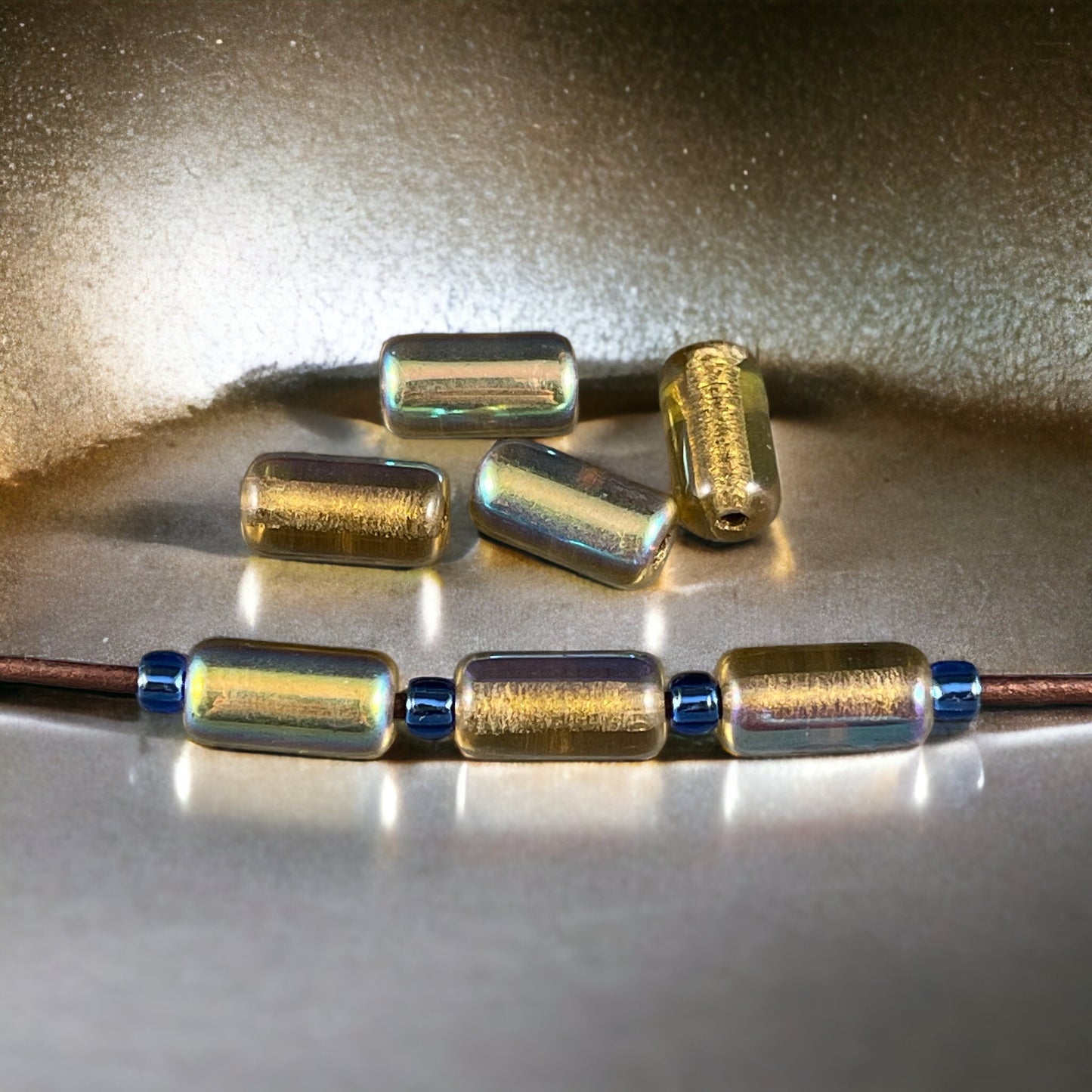 Czech Glass Beads ~ 14x7mm Large Hole Glass Tube Bead ~ Gold Glass with AB Finish and Gold Lining ~ 2mm Hole (TUBE/N-0988) * Qty. 10