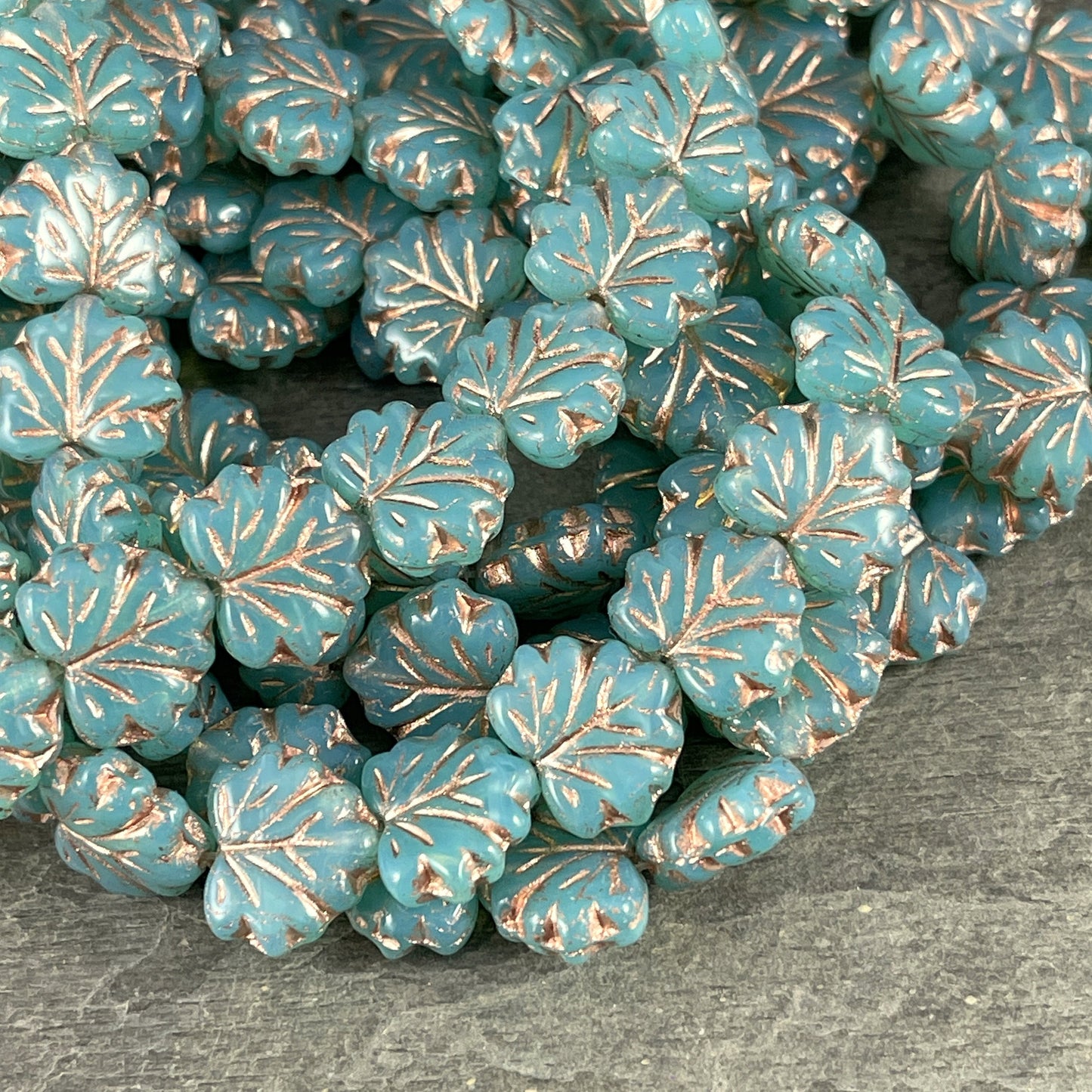Aqua Blue Maple Leaf ~ 10x13mm Czech Glass Leaf Beads ~ Aqua Opaline Glass with Copper Wash (ML/N-1084) * Qty. 10