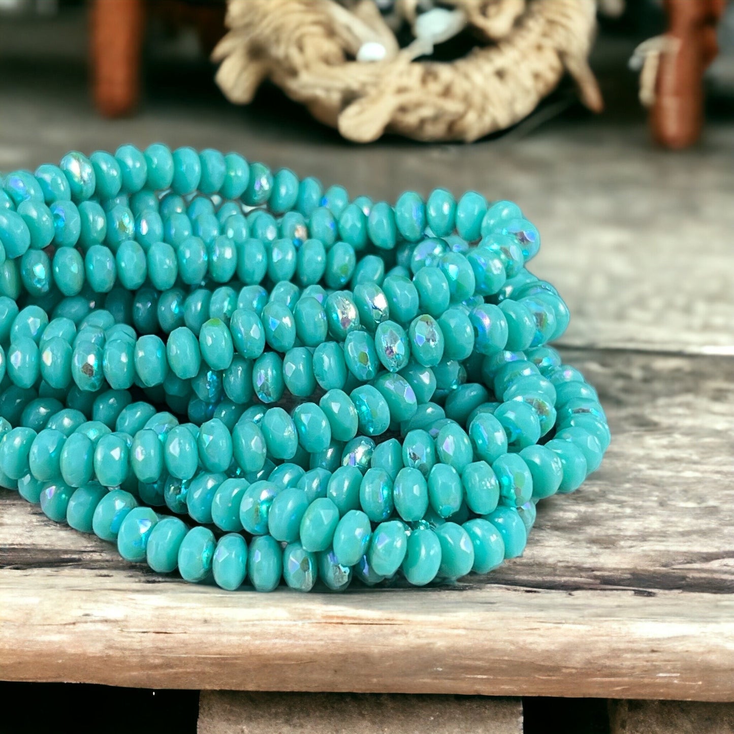 Czech Glass Beads - 4x2.5mm Faceted Turquoise Rondelles, Opaque Light Turquoise with AB (RON3/N-1715) * Qty. 50