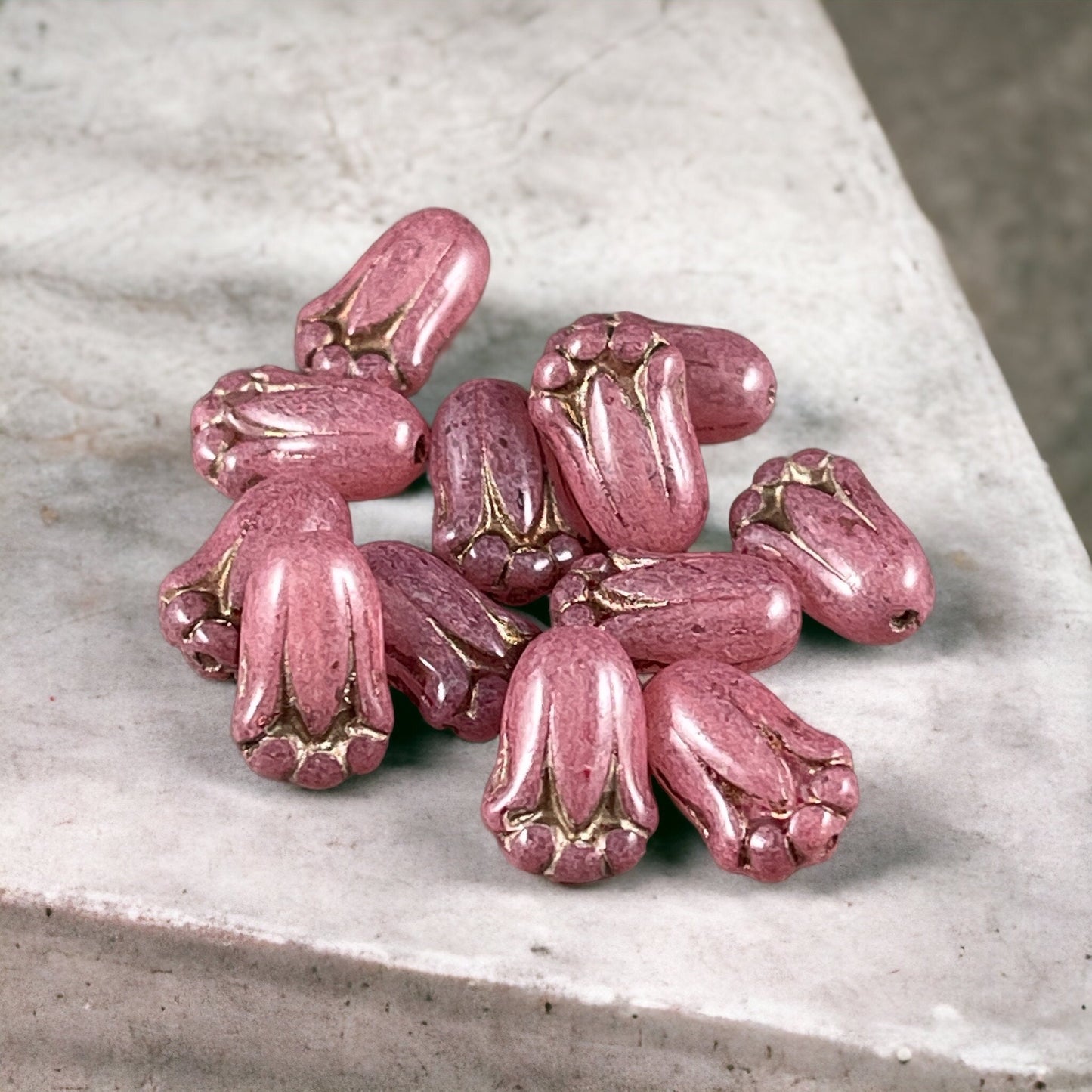 Dusty Rose Czech Glass Flower Bead ~ 12x8mm Lily Bud Flower ~ Milky Rose Pink Flower Bead (LBud5) * Qty. 12