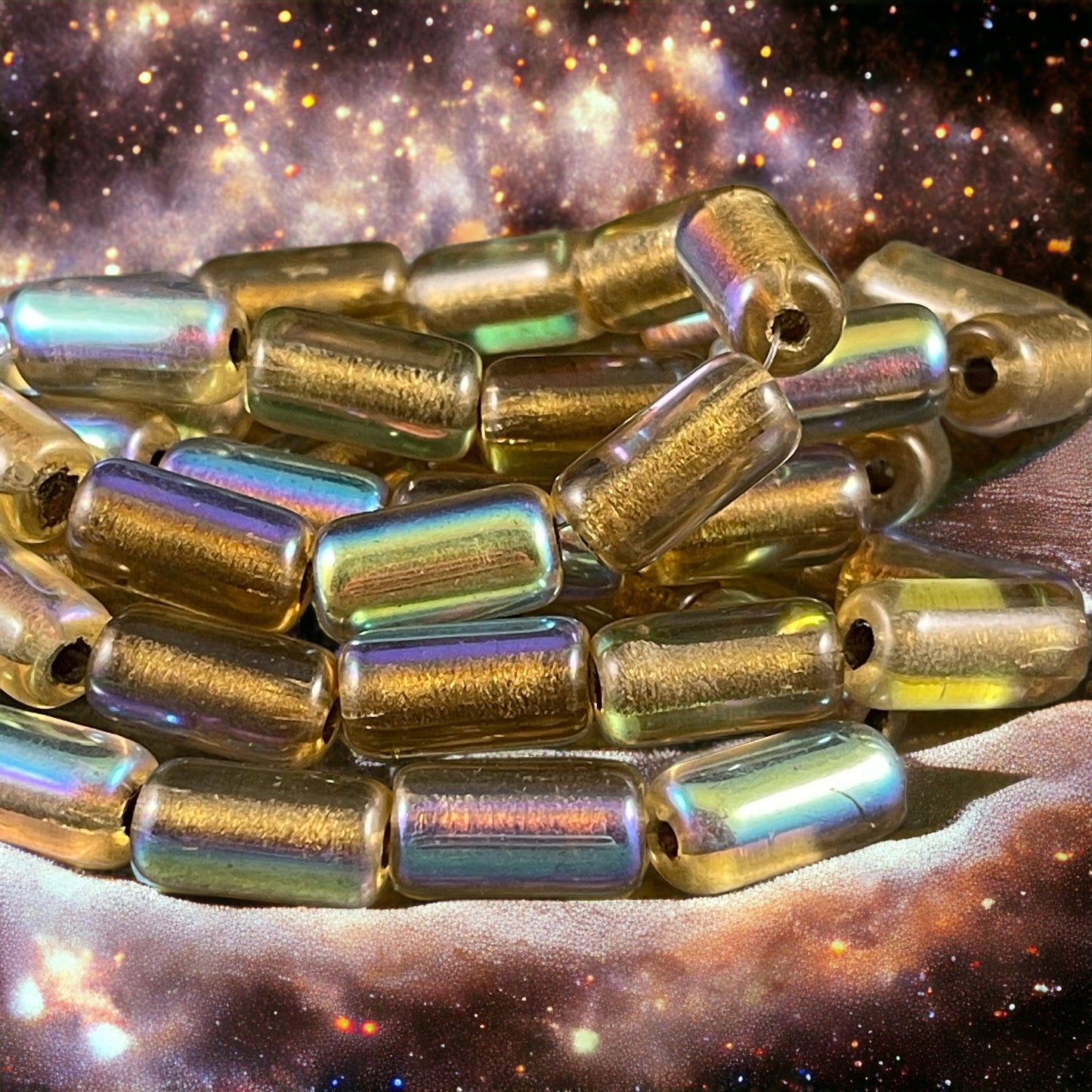 Czech Glass Beads ~ 14x7mm Large Hole Glass Tube Bead ~ Gold Glass with AB Finish and Gold Lining ~ 2mm Hole (TUBE/N-0988) * Qty. 10