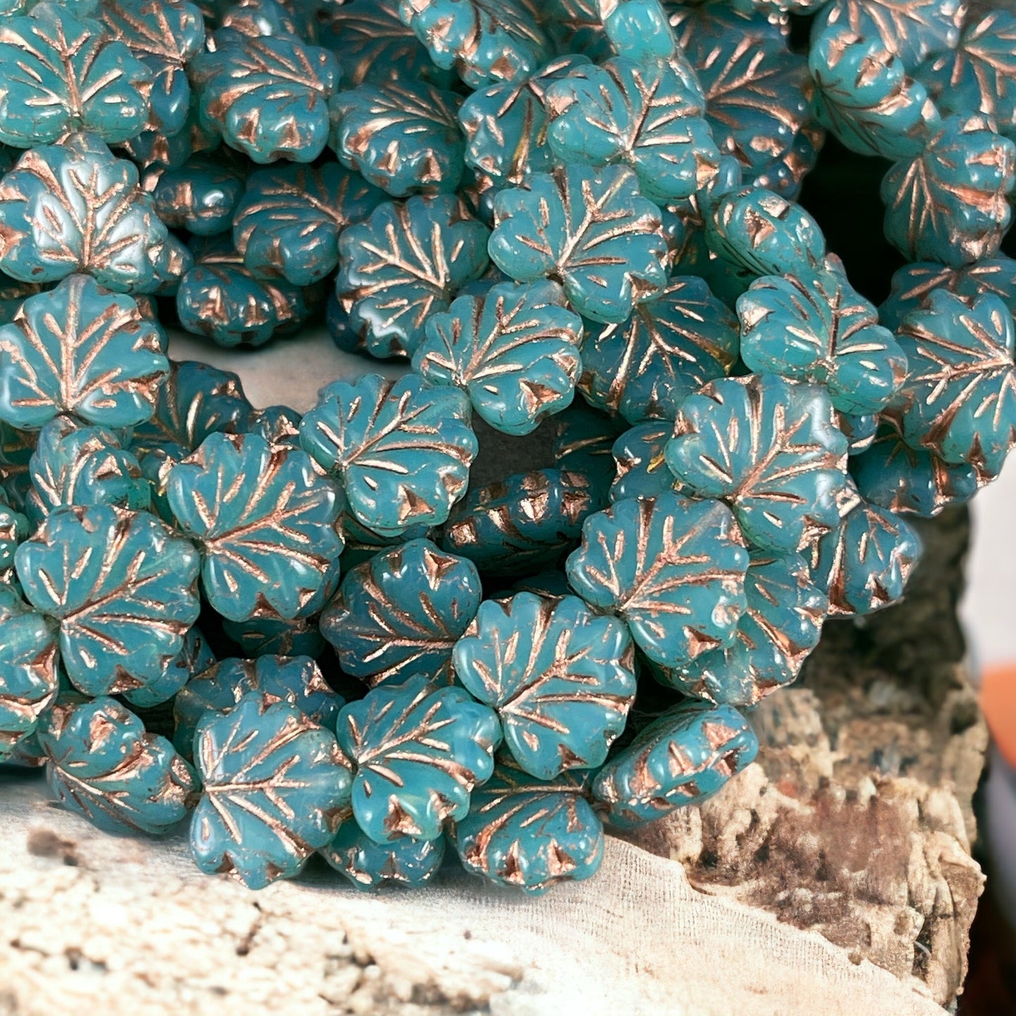 Aqua Blue Maple Leaf ~ 10x13mm Czech Glass Leaf Beads ~ Aqua Opaline Glass with Copper Wash (ML/N-1084) * Qty. 10