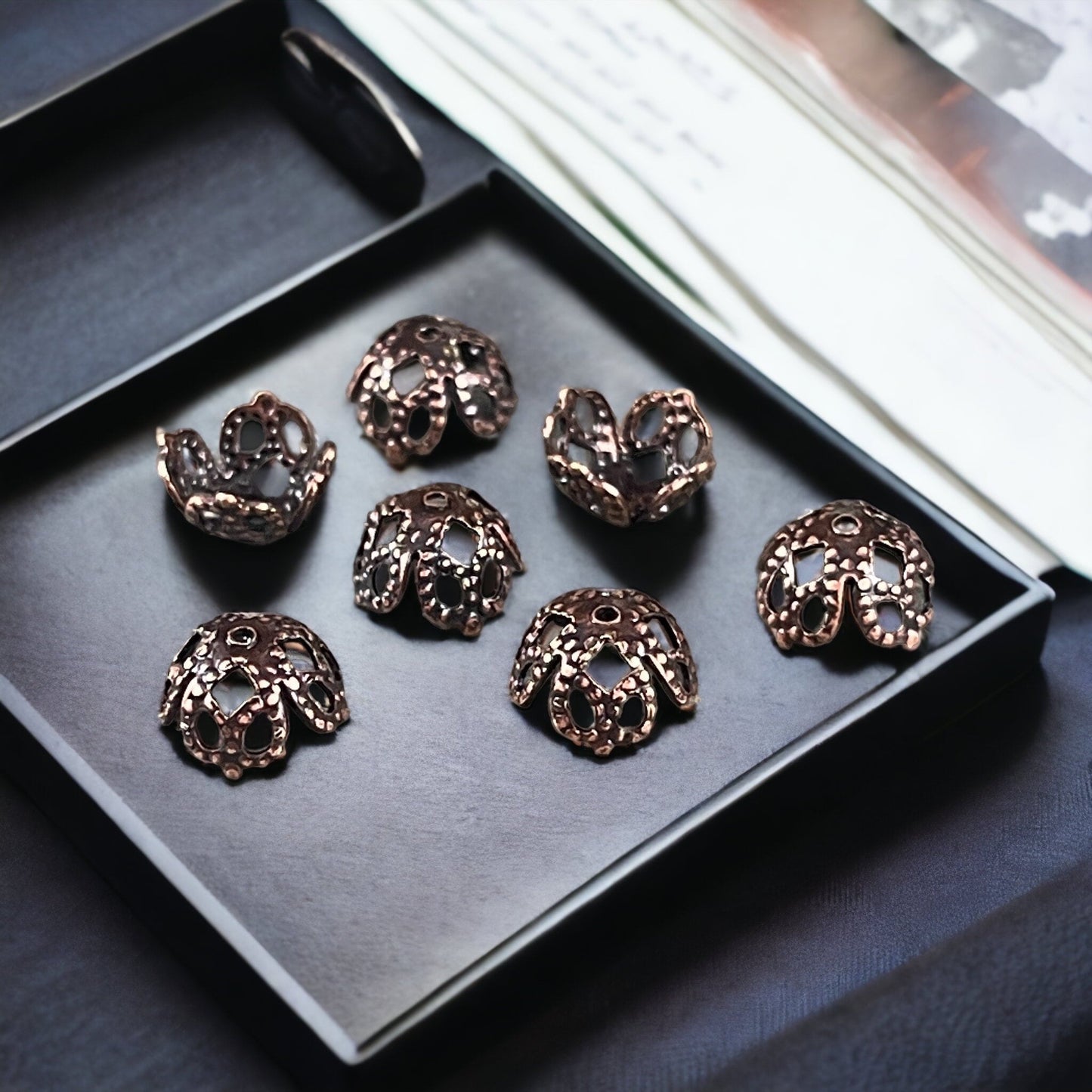 8mm Antiqued Copper Victorian Style Filigree Bead Caps, Bendable Antiqued Copper Plated Brass (VJS/C105C) * Qty. 10