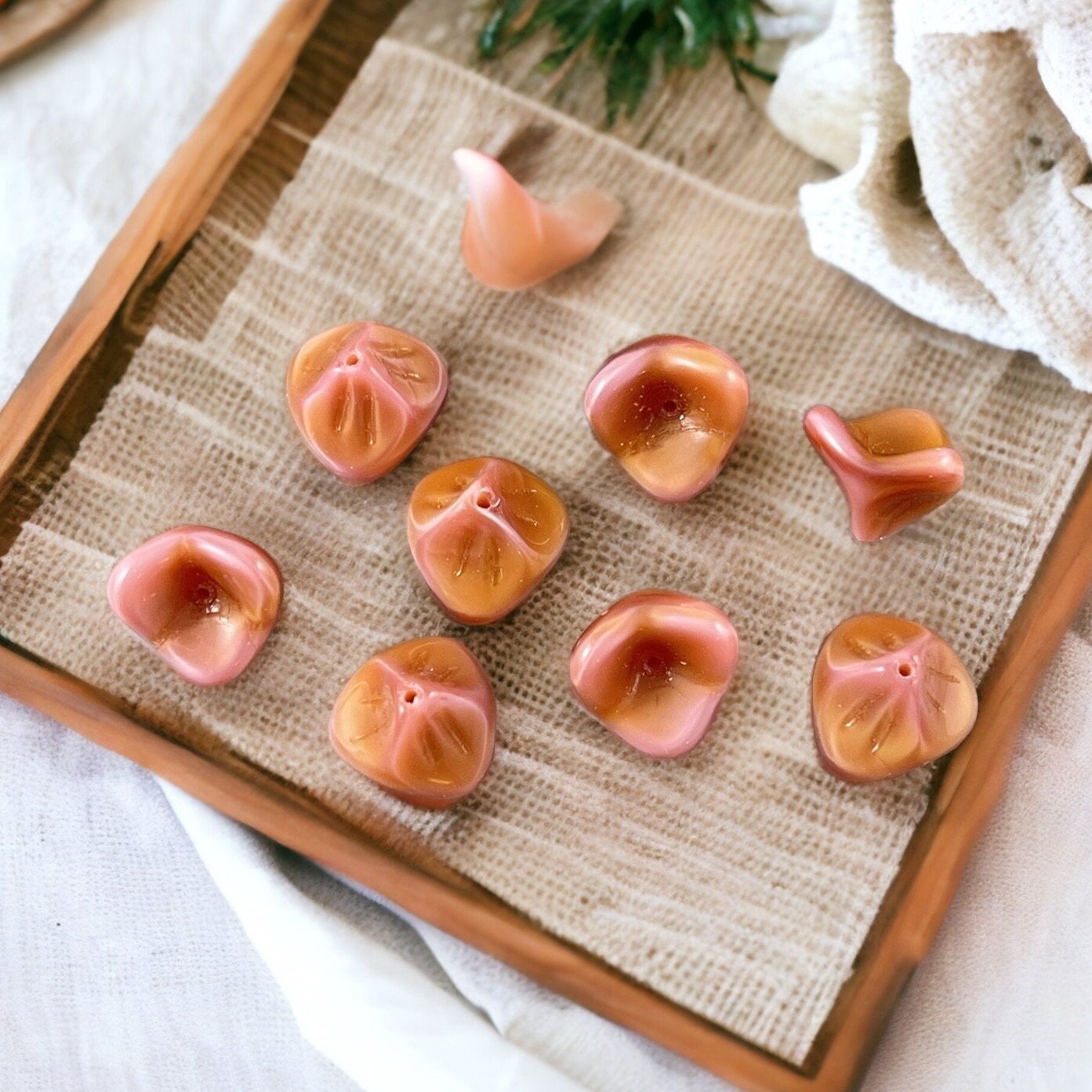 Czech Glass Beads - Peach Silk Flower, Amber Pink 3-Petal Flower, 12x9mm Peachy Pink Bell Flower Bead (FLLB/RJ-1043) * Qty. 12
