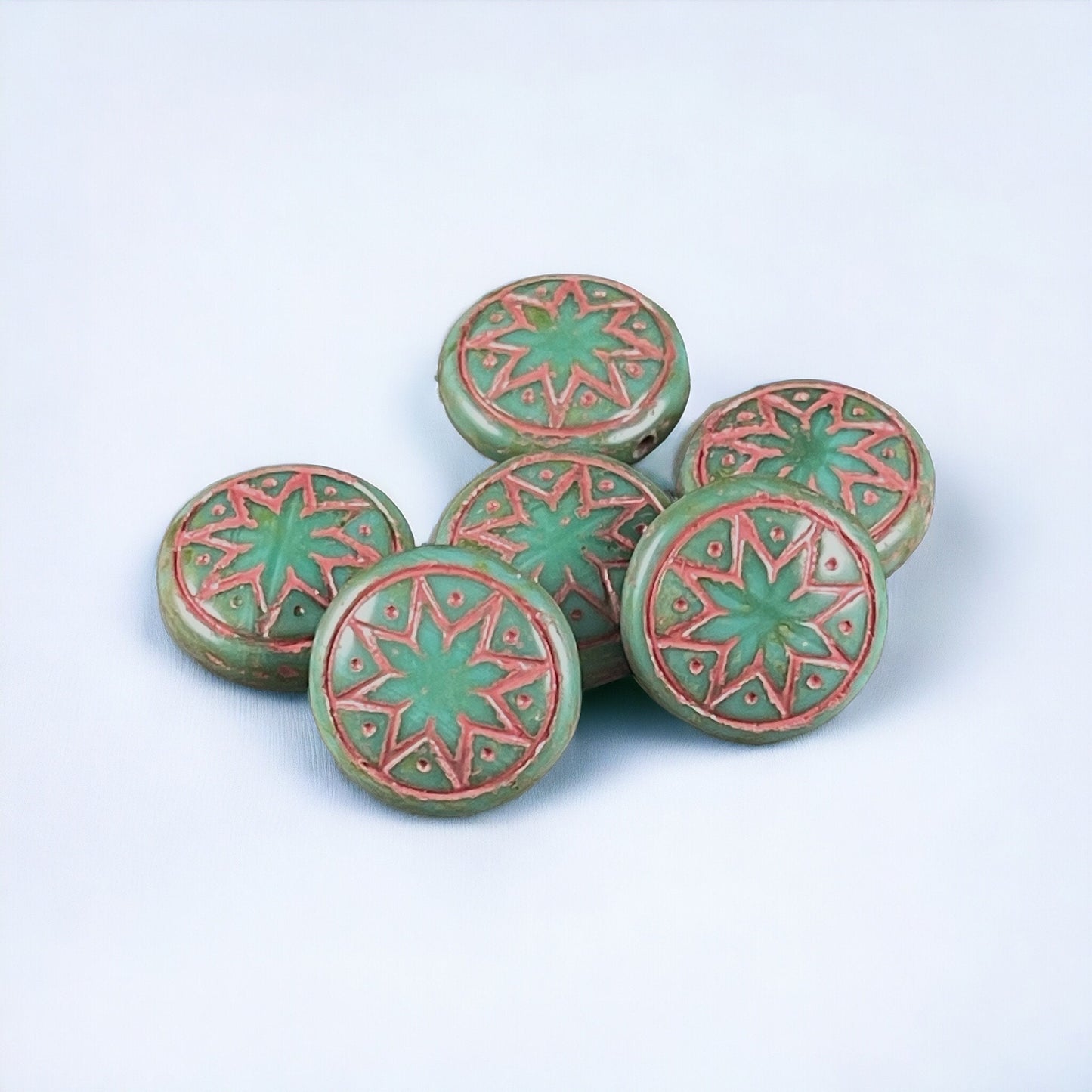 Czech Glass Beads - Opaque Green Czech Glass Beads with a Pink Wash, Green Picasso Beads, Grass Green Star of Ishtar (PSOI-14) * Qty. 6