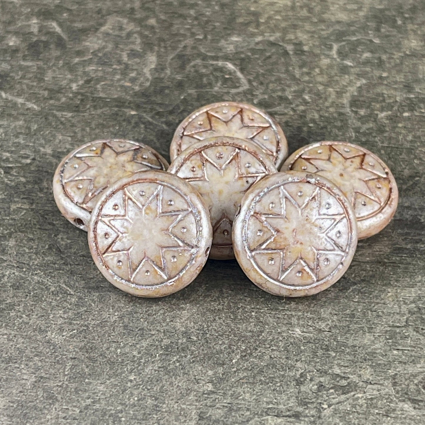 Czech Glass Beads - 14mm Star of Ishtar, Alabaster Beige with Platinum Wash (PSOI-9) * Qty. 6