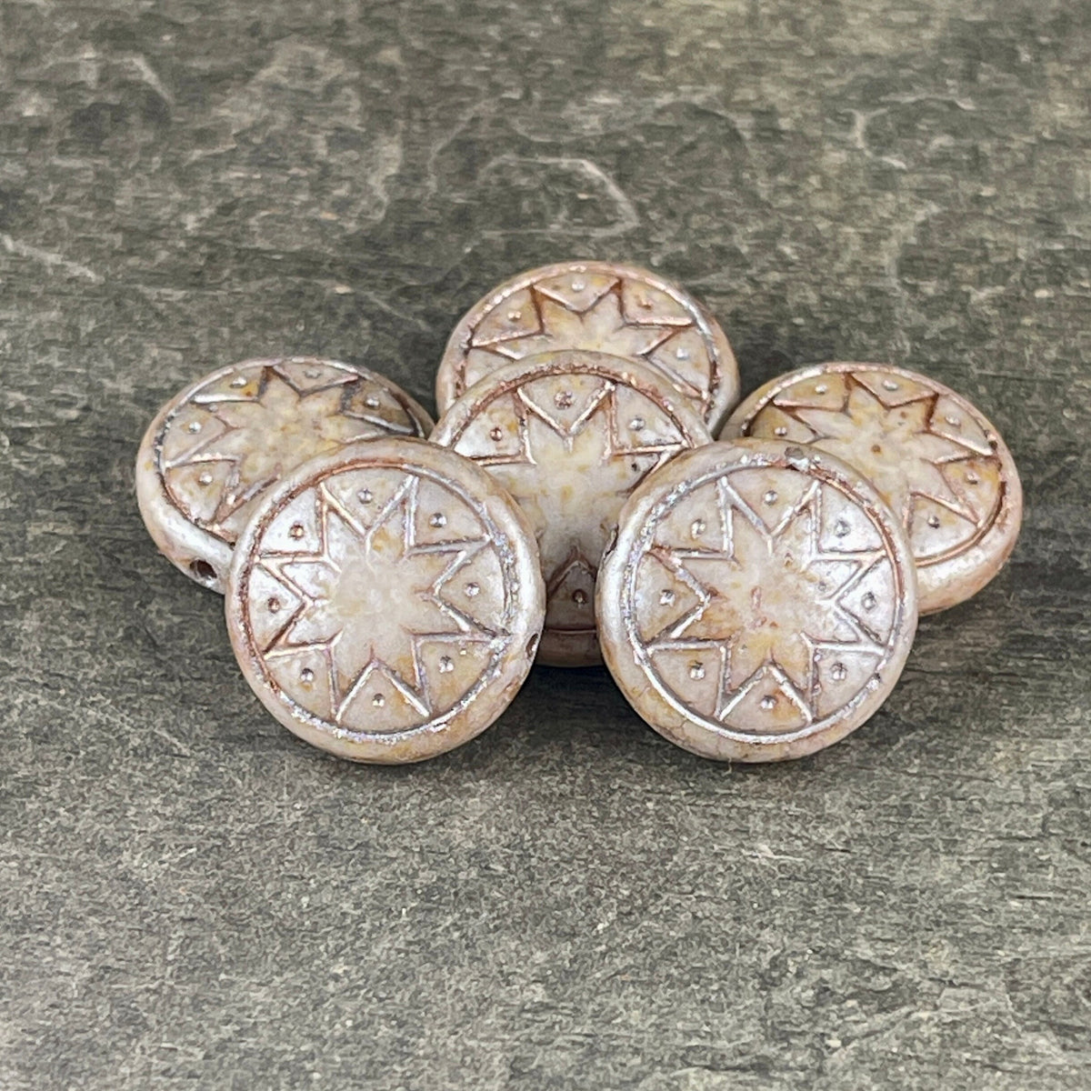 Czech Glass Beads - 14mm Star of Ishtar, Alabaster Beige with Platinum Wash (PSOI-9) * Qty. 6