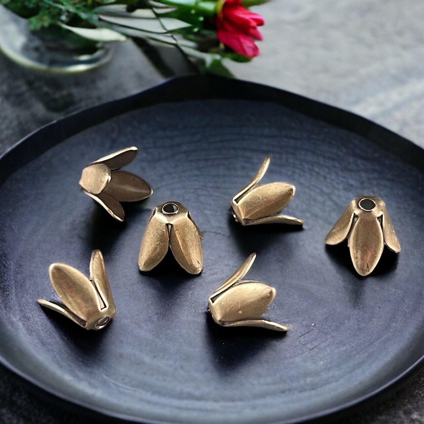 Golden Tulip Style Bead Caps, 8mm Expandable Raw Brass 4-Petal Bead Caps (A128) * Qty. 6