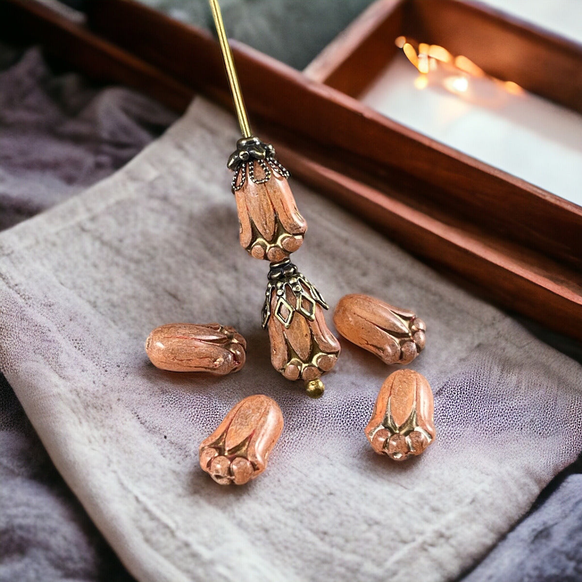 Czech Glass Beads - 12x8mm Lily Bud Flower Peachy with Bronze Wash (LBud2) * Qty. 12