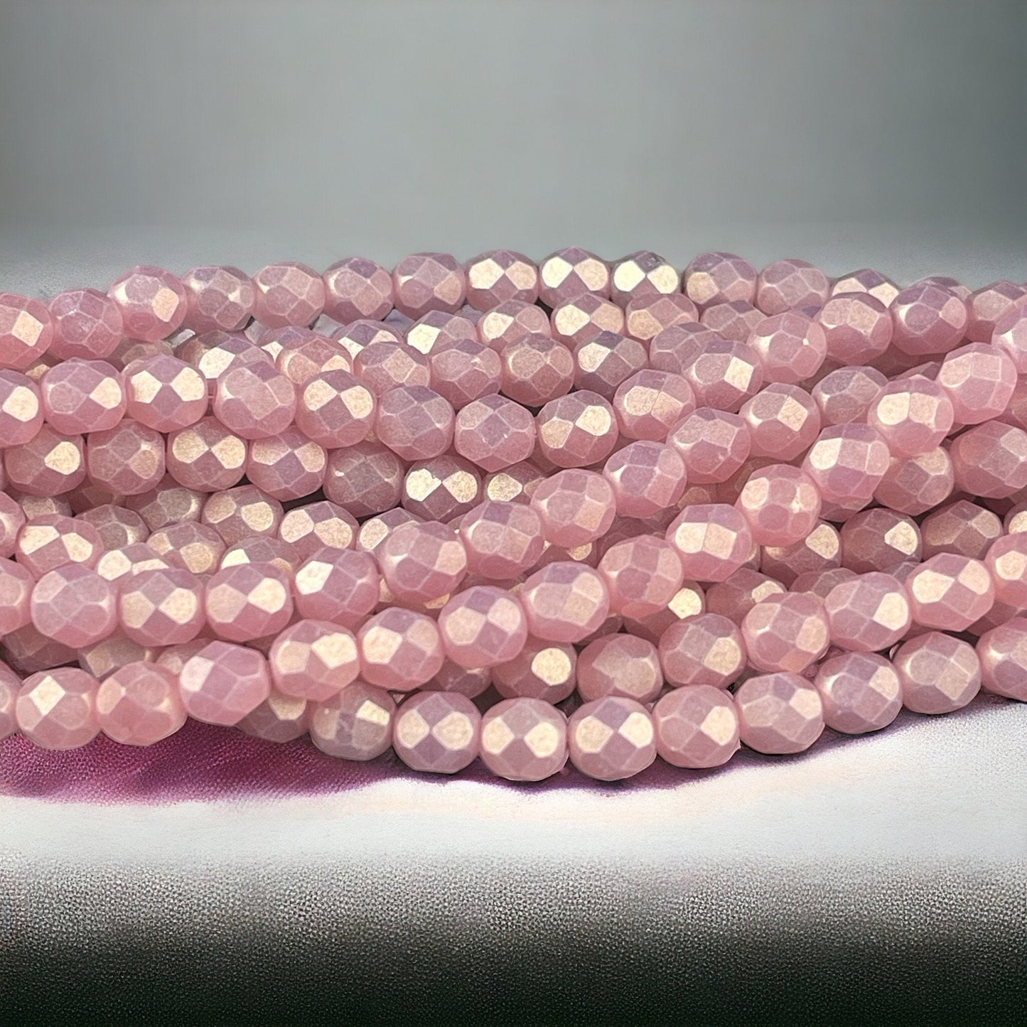 6mm Czech Glass Faceted Round Fire Polished Beads, Powered Pink with Golden Luster (FP6/MSG71010) * Qty 25