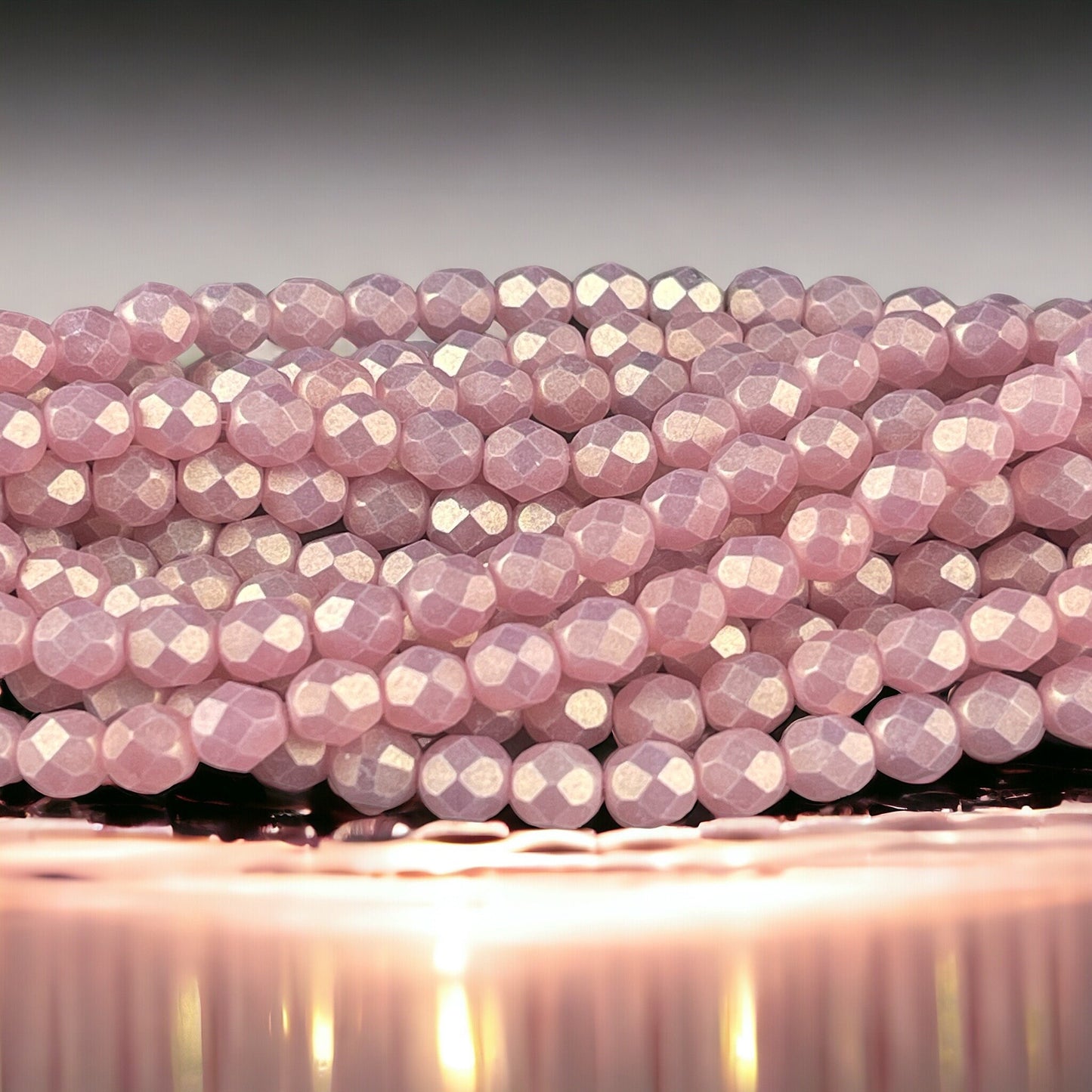 6mm Czech Glass Faceted Round Fire Polished Beads, Powered Pink with Golden Luster (FP6/MSG71010) * Qty 25