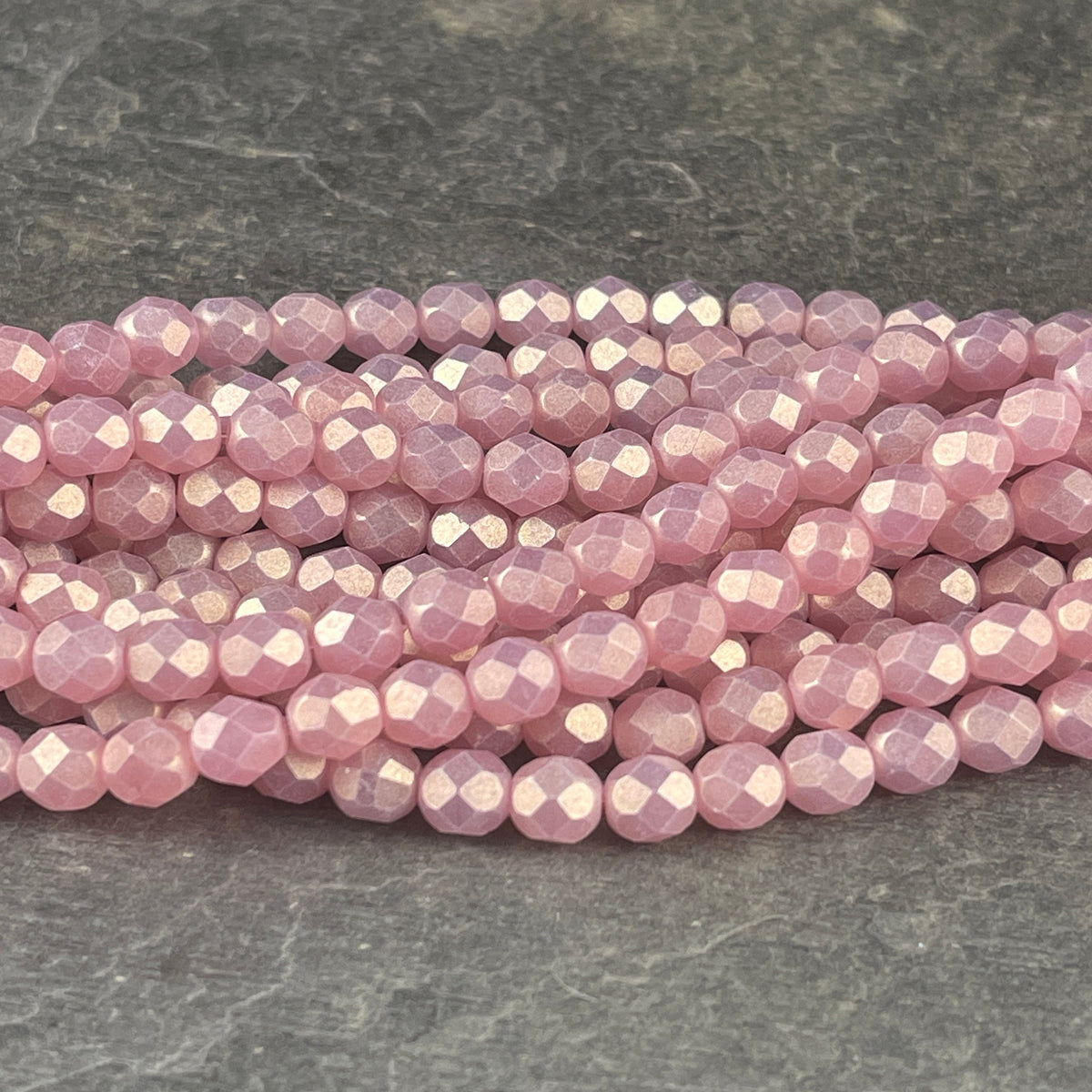 Czech Glass - 6mm Faceted Round Beads, Powered Pink with Golden Luster (FP6/SM-MSG71010) * Qty. 25