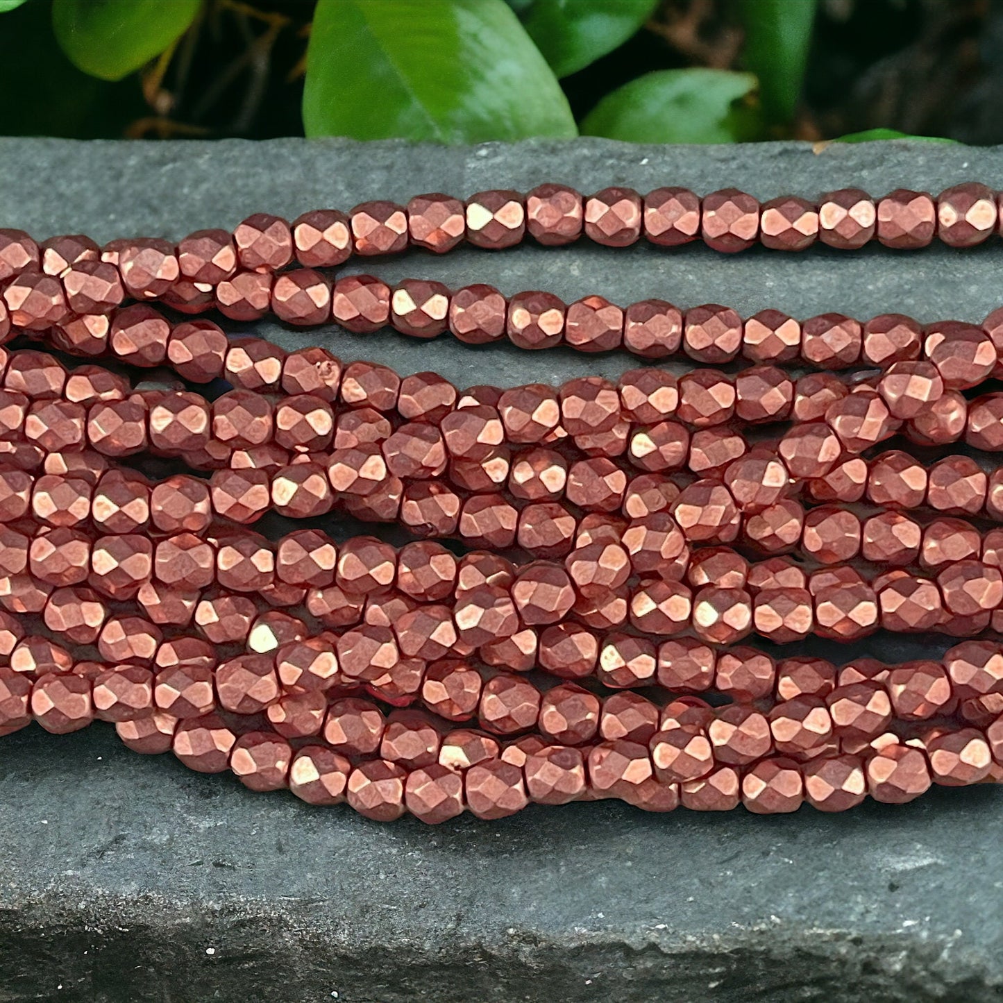 Rose Gold Czech Glass Beads, 4mm Fire Polished Beads Faceted Round Beads - Coppery Pink Metallic Beads (FP4/SM-08A02) * Qty. 50