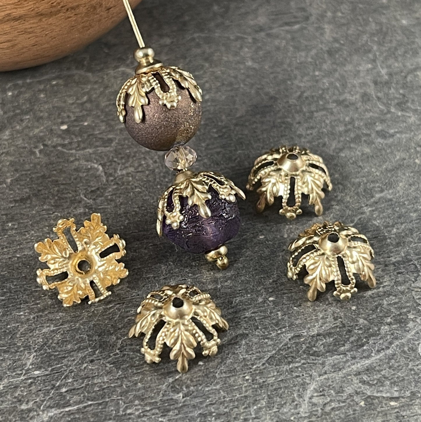 Golden Floral & Filigree Bead Caps, Ornate Victorian Raw Brass Filigree Bead Caps (BB83r) * Qty. 6