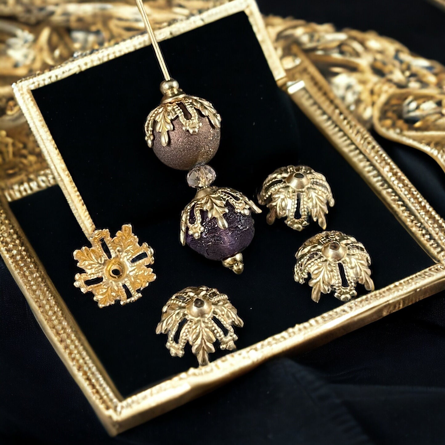 Golden Floral & Filigree Bead Caps, Ornate Victorian Raw Brass Filigree Bead Caps (BB83r) * Qty. 6