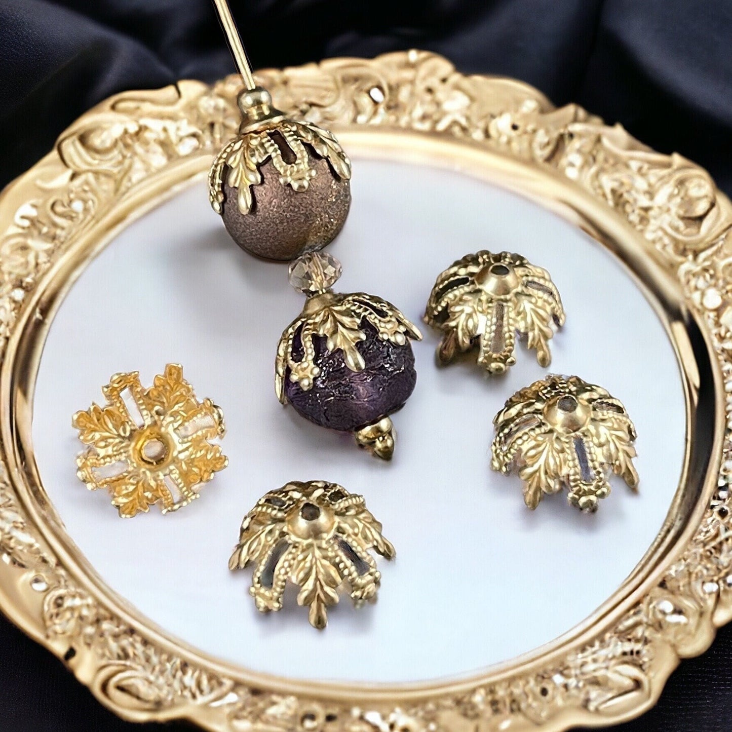 Golden Floral & Filigree Bead Caps, Ornate Victorian Raw Brass Filigree Bead Caps (BB83r) * Qty. 6