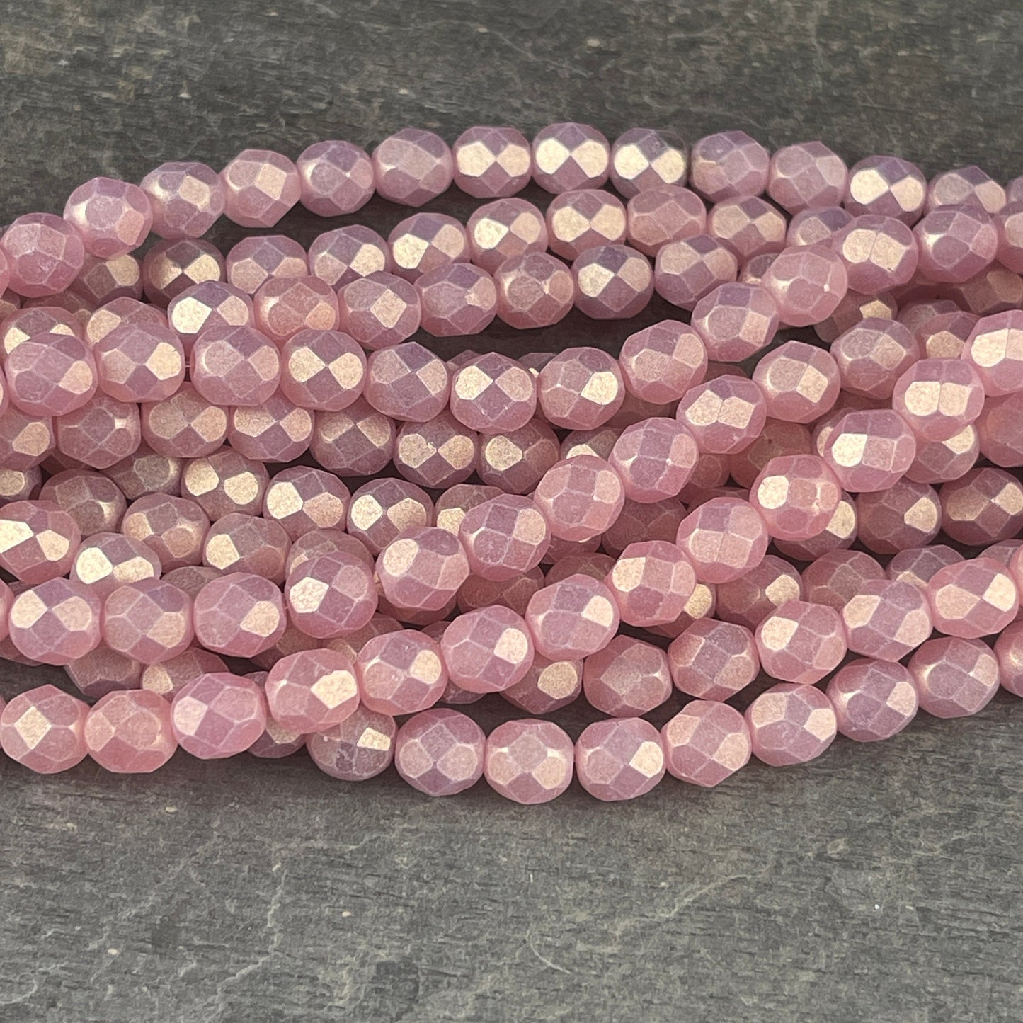 6mm Czech Glass Faceted Round Fire Polished Beads, Powered Pink with Golden Luster (FP6/MSG71010) * Qty 25